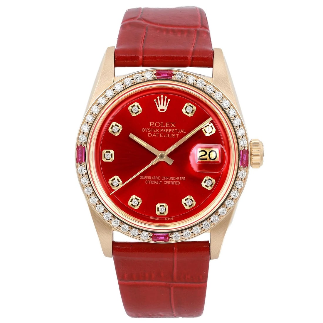 Rolex Datejust 18k Yellow Gold Vintage Watch Red Diamond Dial Automatic: Rolex Datejust 18k Yellow Gold Vintage Watch Red Diamond Dial Automatic Experience the elegance of this vintage Rolex Datejust wristwatch, crafted in 18k yellow gold. This luxurious timepiece features