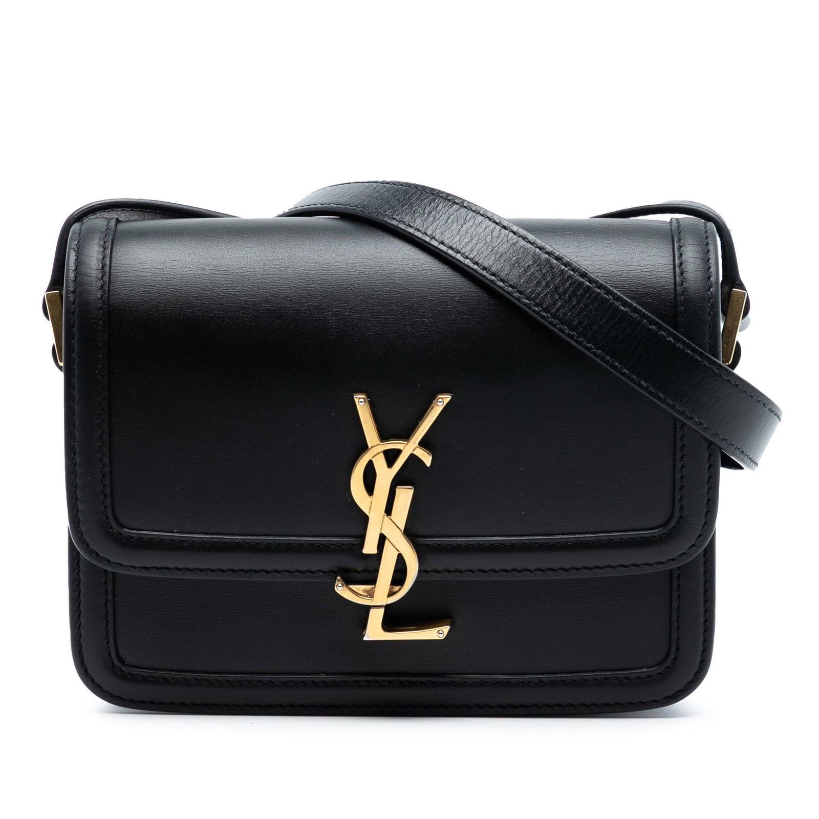 Saint Laurent Solferino Small Black Leather Satchel with Adjustable Strap: Saint Laurent Solferino Small Black Leather Satchel with Adjustable Strap This Saint Laurent Small Calfskin Solferino Satchel features a leather body in black, an adjustable flat leather strap, a flap