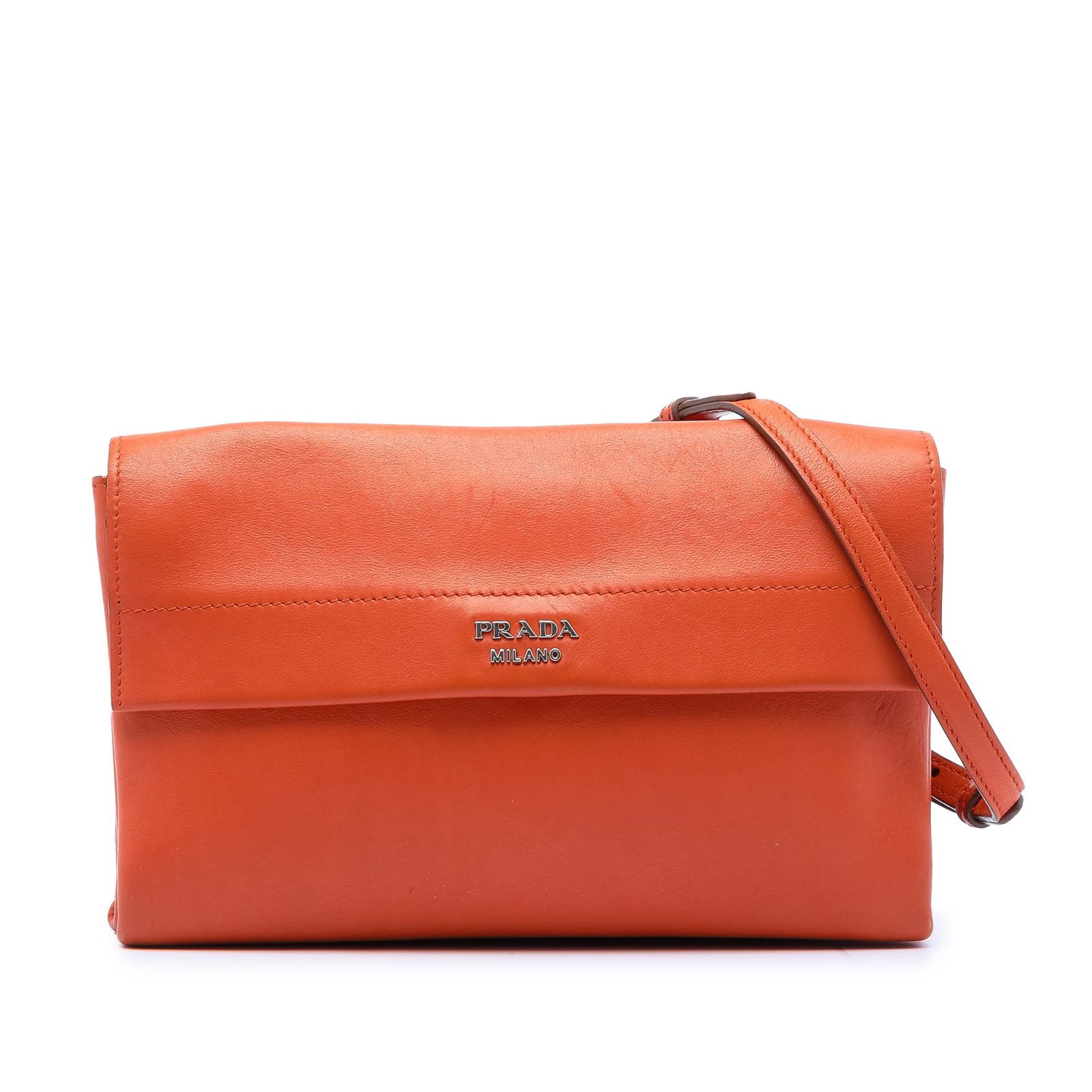 Prada Soft Leather Crossbody Bag with Double Turnlock Closure: Prada Soft Leather Crossbody Bag with Double Turnlock Closure This Prada Soft Calf Double Turnlock Crossbody features a soft orange leather body with a chain and leather shoulder strap. The design inc