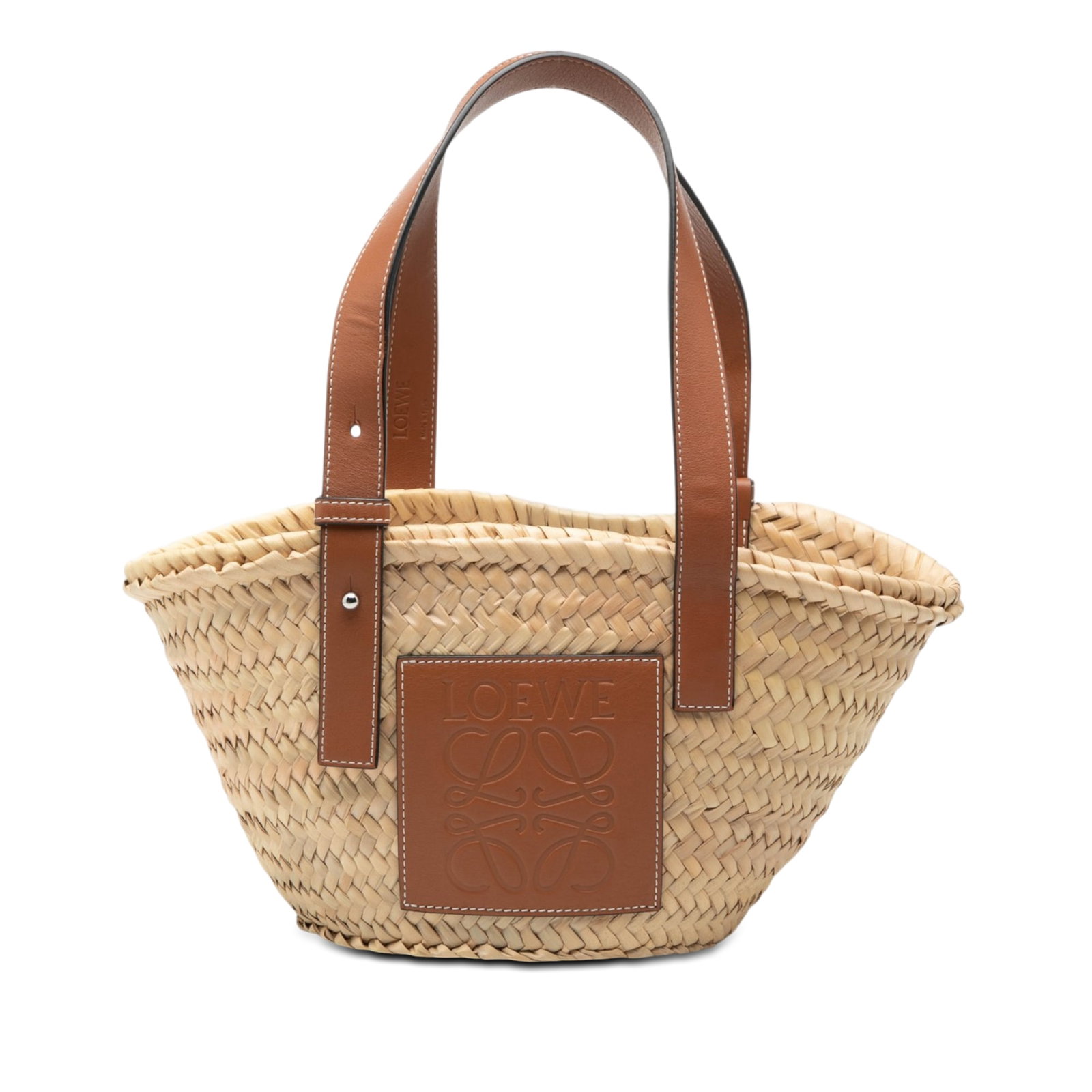 LOEWE Raffia Leather Basket Tote Small Anagram: LOEWE Raffia Leather Basket Tote Small Anagram This LOEWE Small Raffia Anagram Basket Tote is crafted with a natural raffia and leather body, featuring adjustable flat leather shoulder straps and an o