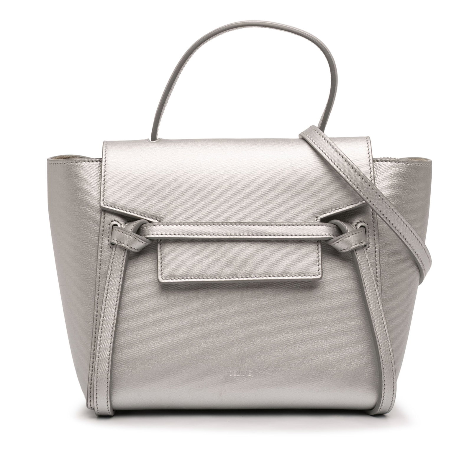 Celine Nano Belt Bag in Laminated Calfskin Leather: Celine Nano Belt Bag in Laminated Calfskin Leather A Celine Nano Laminated Calfskin Belt Bag in silver, crafted in leather with a flat leather top handle and a detachable flat leather strap. It featur