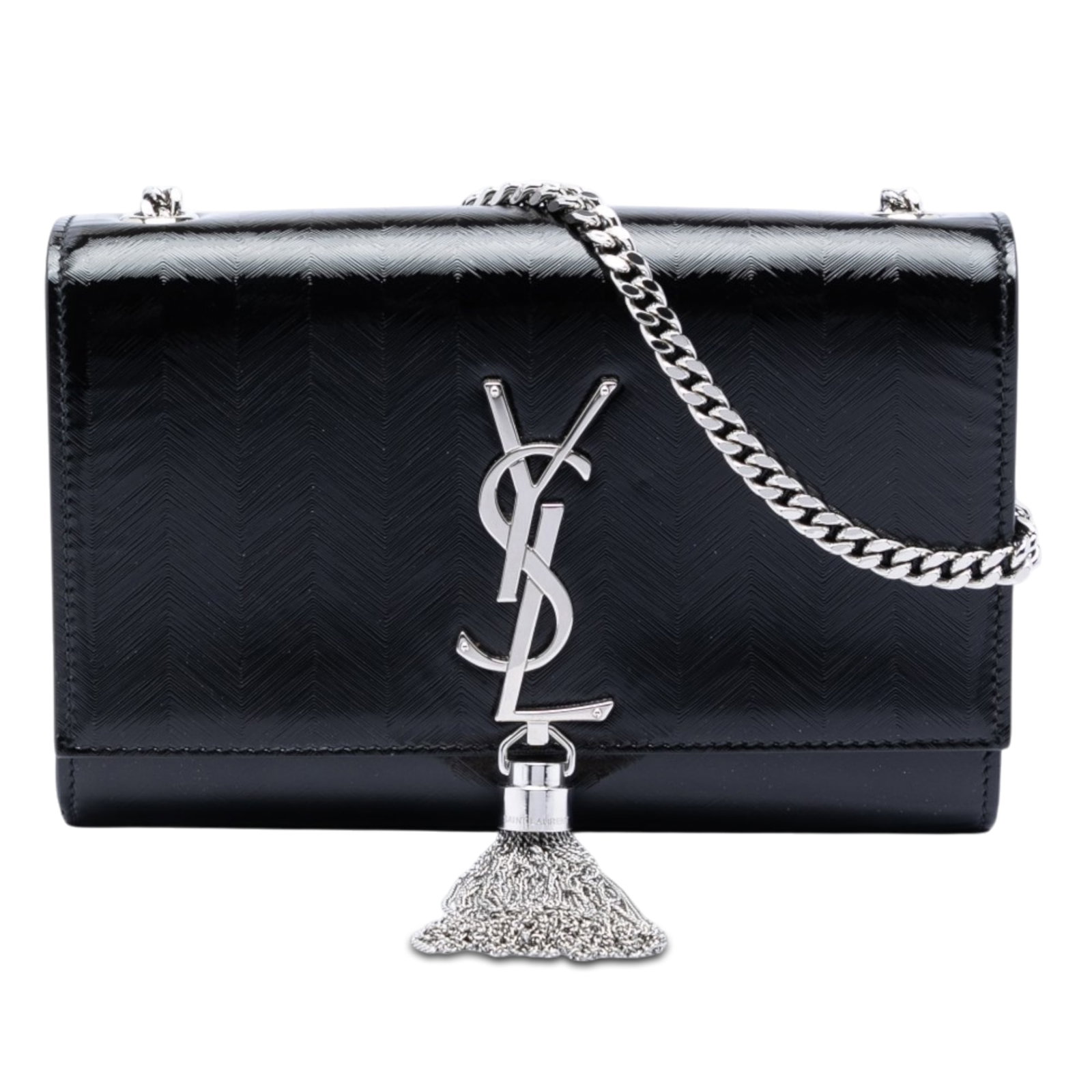 Saint Laurent Kate Patent Leather Tassel Crossbody Bag: Saint Laurent Kate Patent Leather Tassel Crossbody Bag This Saint Laurent Medium Chevron Patent Monogram Kate Tassel Crossbody features a patent leather body in black with a chevron pattern, accented 