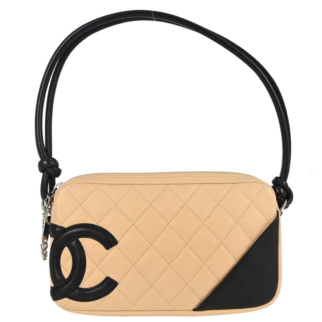 CHANEL Cambon Ligne Mini Top Handle Bag Beige Black Calfskin: CHANEL Cambon Ligne Mini Top Handle Bag Beige Black Calfskin Chanel Cambon Ligne mini top handle handbag in beige and black calfskin. This women's handbag features an exterior pocket and an interior z