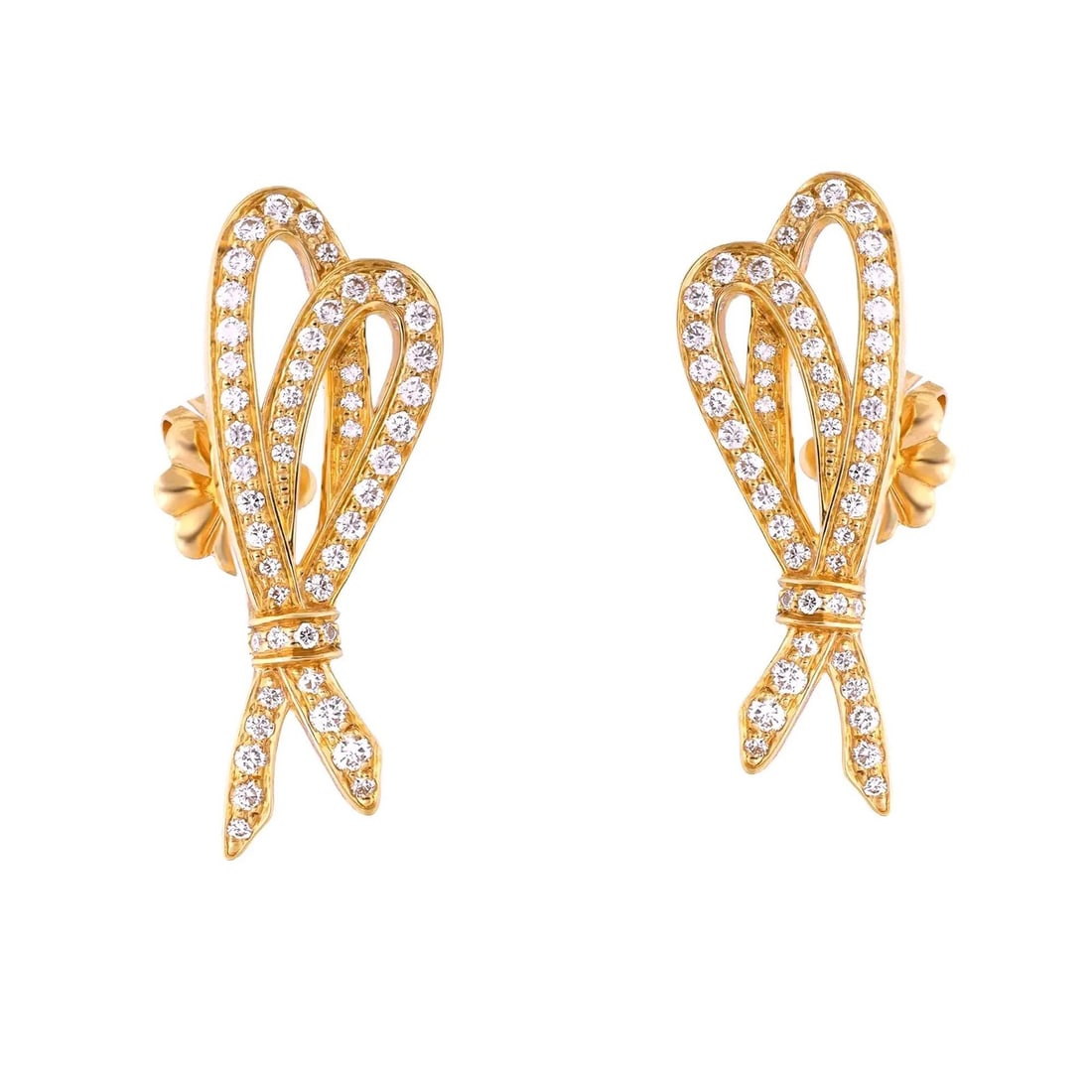 Tiffany & Co. 18K Yellow Gold Diamond Bow Earrings 0.54ct: Tiffany & Co. 18K Yellow Gold Diamond Bow Earrings 0.54ct Elevate your style with these exquisite Tiffany & Co. Diamond Bow Earrings, crafted in fine 18K yellow gold. The earrings feature a delicate b