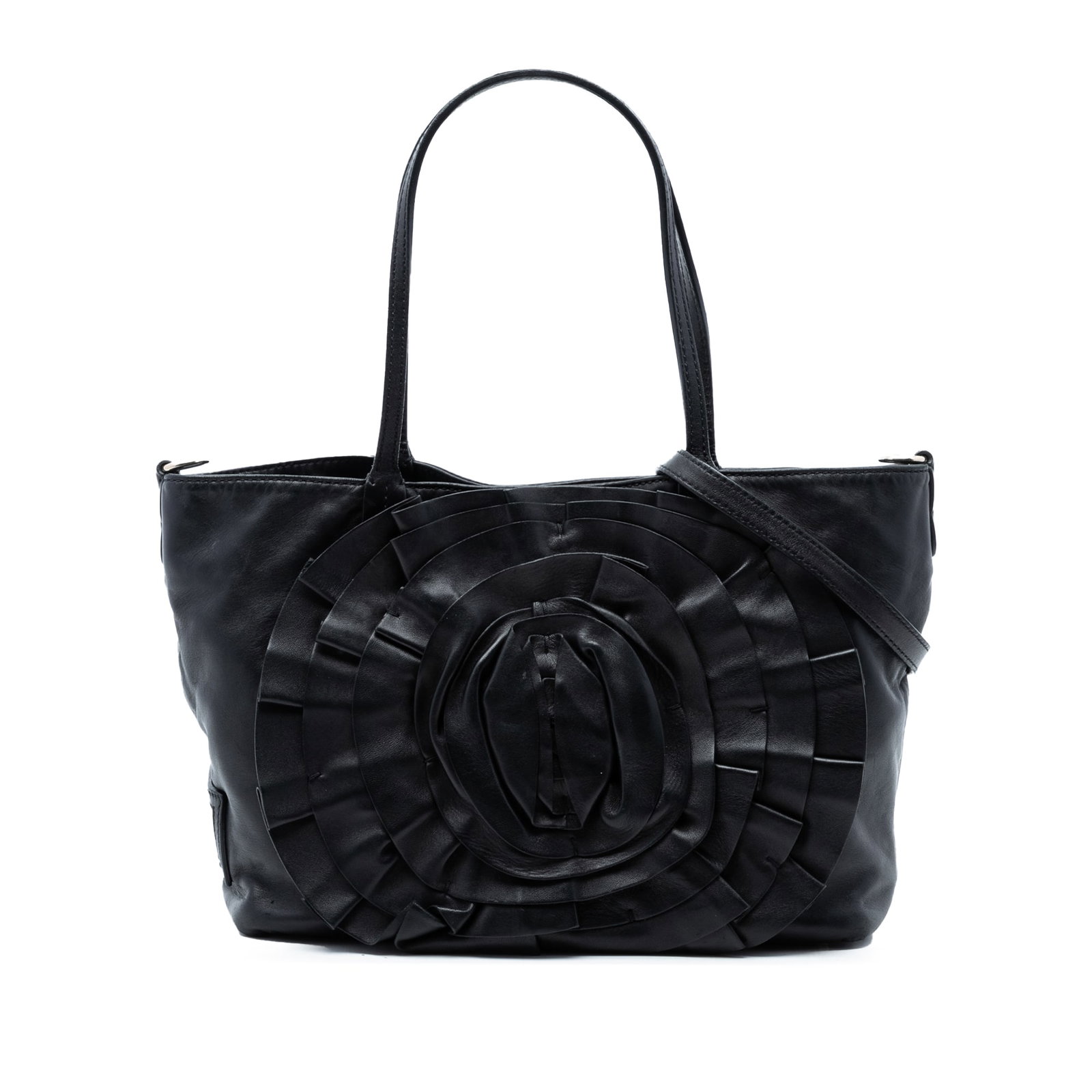 Valentino Petale leather tote with flower applique: Valentino Petale leather tote with flower applique This Valentino Small Nappa Petale Tote features a black leather body adorned with elegant flower appliques. It is designed with flat leather handles 