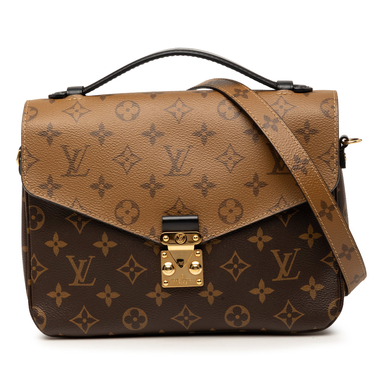 Louis Vuitton Pochette Metis Monogram Reverse Shoulder Bag: Louis Vuitton Pochette Metis Monogram Reverse Shoulder Bag Louis Vuitton Monogram Reverse Pochette Metis in brown monogram canvas. This bag features a flat top handle, a detachable flat shoulder strap
