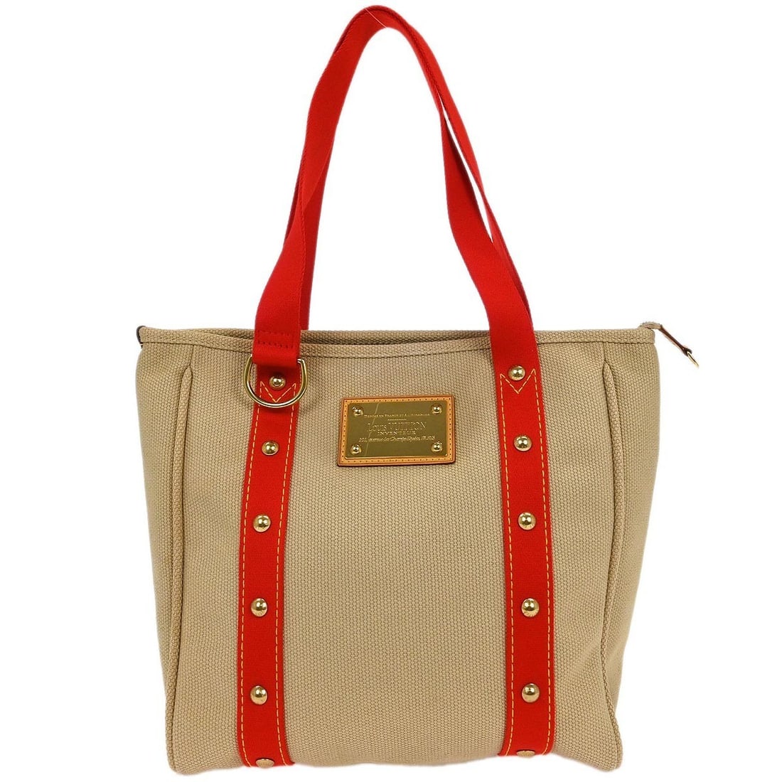 Louis Vuitton Antigua Cabas MM Medium Canvas Tote Beige Red M40035: Louis Vuitton Antigua Cabas MM Medium Canvas Tote Beige Red M40035 Louis Vuitton Antigua Cabas MM tote bag in beige canvas with red canvas handles and red lining. It features a zip closure, double han