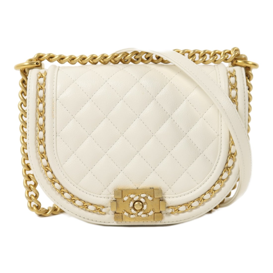 CHANEL Boy AS3350 White Calfskin Chain Shoulder Bag: CHANEL Boy AS3350 White Calfskin Chain Shoulder Bag A CHANEL Boy Chain Shoulder Bag in white calfskin leather with gold-tone CC hardware. This women's shoulder bag is model AS3350 and is described as 