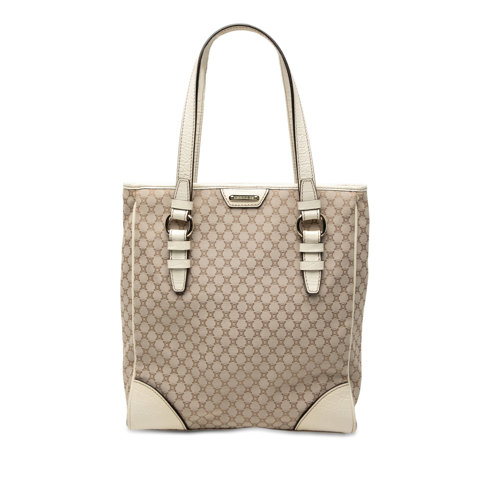 Celine Macadam Canvas Tote with Croc Embossed Leather Accents: Celine Macadam Canvas Tote with Croc Embossed Leather Accents This Celine tote features a beige Macadam canvas body accented with leather trim and flat croc-embossed leather straps. It has an open top