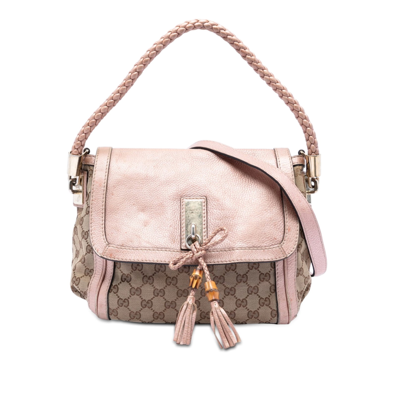 Gucci Bella Flap Satchel in Beige GG Canvas: Gucci Bella Flap Satchel in Beige GG Canvas This Gucci Bella flap satchel is crafted with a GG canvas body and leather trim. It features a braided handle, a detachable and adjustable flat leather shou