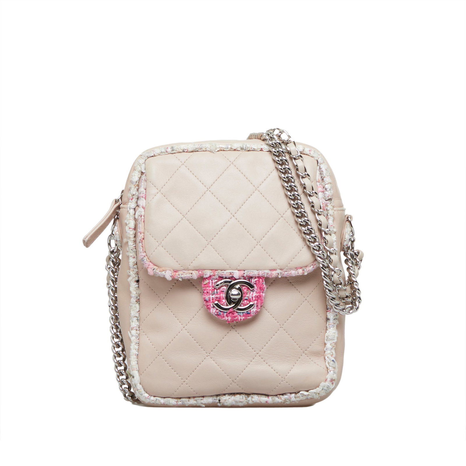 Chanel Elegant Tweed pink quilted lambskin crossbody bag: Chanel Elegant Tweed pink quilted lambskin crossbody bag Chanel Elegant Tweed Crossbody bag in pink, featuring a quilted lambskin leather body with tweed trim, a leather-woven chain strap, top zip clo
