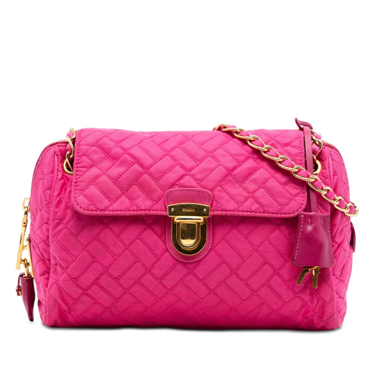 Prada Impuntu Tessuto quilted nylon crossbody bag pink: Prada Impuntu Tessuto quilted nylon crossbody bag pink Prada Impuntu Tessuto Chain Crossbody bag in pink quilted nylon with a nylon woven chain strap and front flap push-lock closure. The interior inc