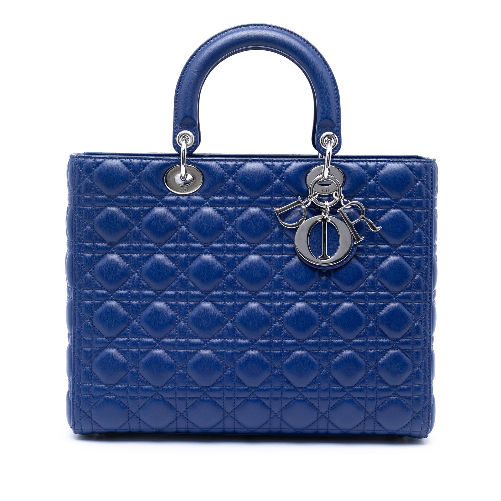 Dior Lady Dior Large Blue Lambskin Cannage Handbag: Dior Lady Dior Large Blue Lambskin Cannage Handbag This Lady Dior bag features a quilted lambskin leather body in blue, flat leather top handles, a top zip closure, and an interior zip pocket. It is m