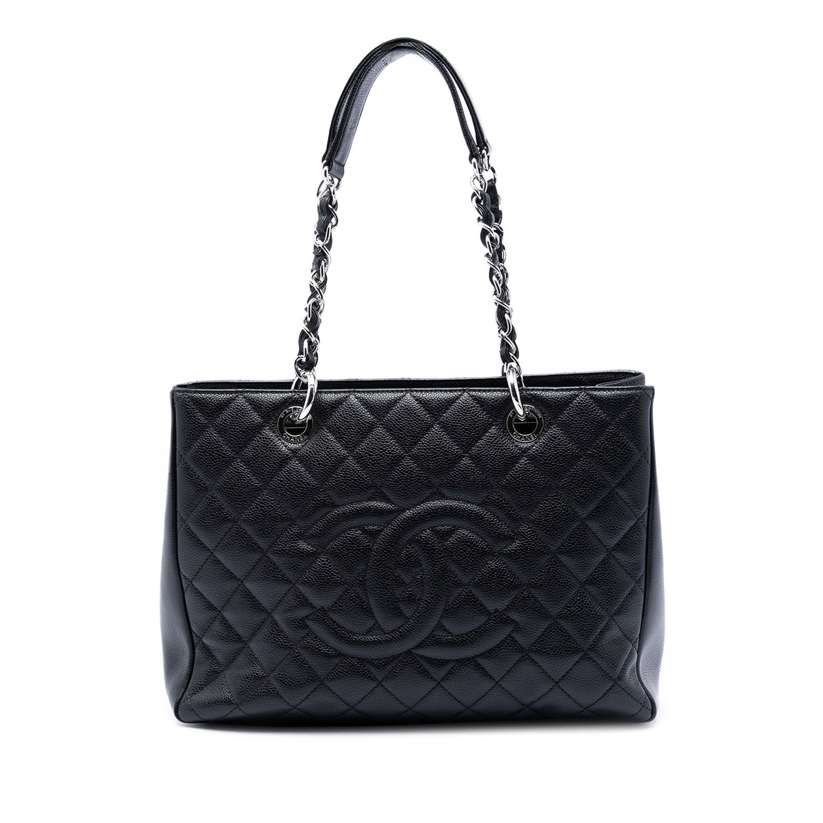Chanel Grand Shopping Tote in Black Caviar Leather: Chanel Grand Shopping Tote in Black Caviar Leather A Chanel Grand Shopping Tote crafted in quilted caviar leather with leather-woven chain shoulder straps and an open top. It includes an interior zip 