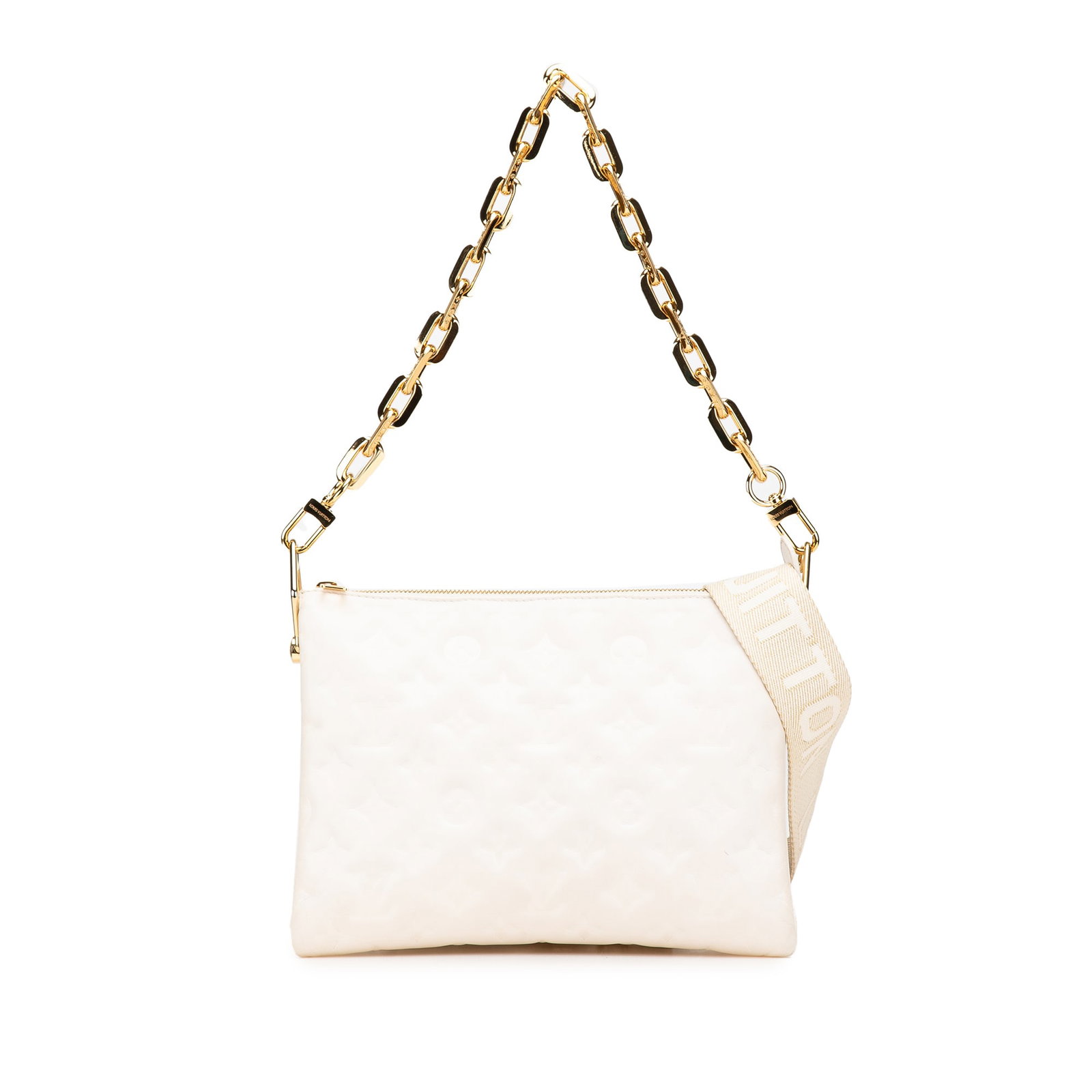 Louis Vuitton Monogram Coussin PM White Lambskin Bag: Louis Vuitton Monogram Coussin PM White Lambskin Bag The Louis Vuitton Monogram Coussin PM is a stylish and practical bag made from embossed lambskin leather. It features a top zip closure for secure 