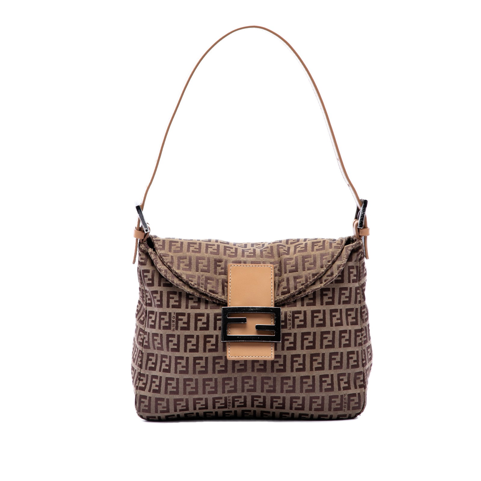 Fendi Zucchino Mamma Shoulder Bag Brown Canvas Double Flap: Fendi Zucchino Mamma Shoulder Bag Brown Canvas Double Flap Fendi Zucchino Canvas Double Flap Mamma shoulder bag in brown, made in Italy. It features a canvas body, flat leather strap, double front fla