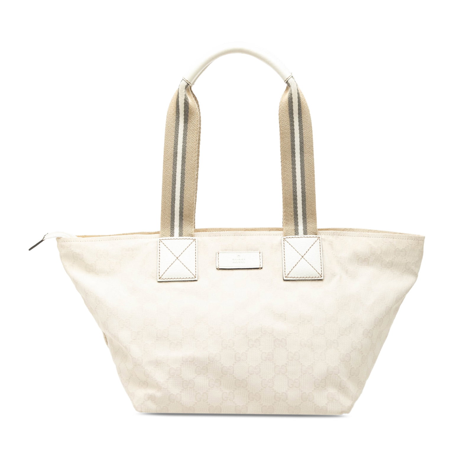 Gucci Brown Canvas Tote Bag GG Web Italy: Gucci Brown Canvas Tote Bag GG Web Italy This Gucci GG Canvas Web Tote is crafted in Italy and features a durable canvas body with leather trim. The bag is designed with flat nylon handles, a top zip 