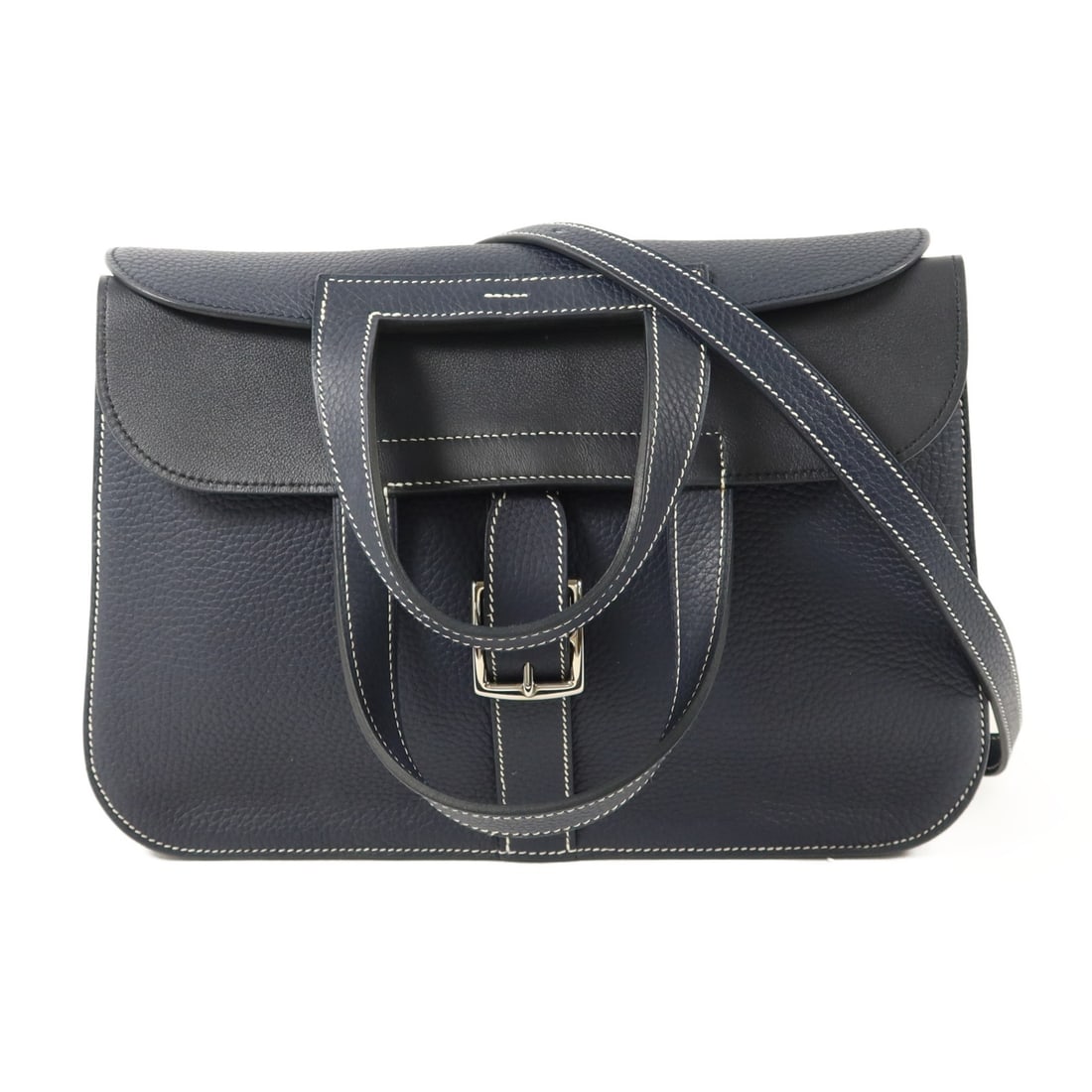 Hermes Halzan 31 Clemence Calfskin 2 Way Shoulder Bag Blue PHW: Hermes Halzan 31 Clemence Calfskin 2 Way Shoulder Bag Blue PHW Hermes Halzan 31 2 Way Shoulder Bag in Clemence leather and calfskin (cowhide) with a blue indigo and Bleu Nuit colorway. It features a 2