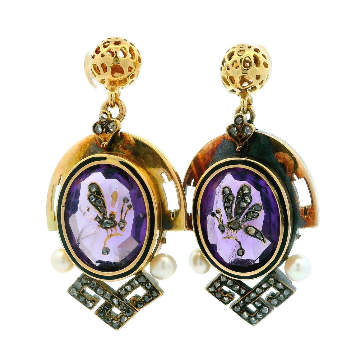 Antique Victorian 14k Gold Amethyst Pearl Diamond Insect Dangle Earrings: Antique Victorian 14k Gold Amethyst Pearl Diamond Insect Dangle Earrings Step into elegance with these Antique Victorian Gold Amethyst Pearl & Diamond Dangle Earrings, beautifully crafted to reflect t