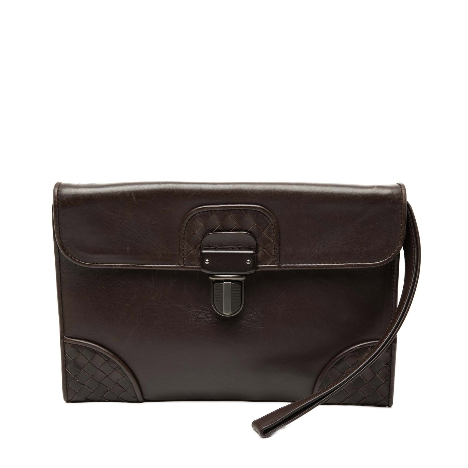 Bottega Veneta Brown Leather Wristlet Clutch with Intrecciato Trim (1 of 7)