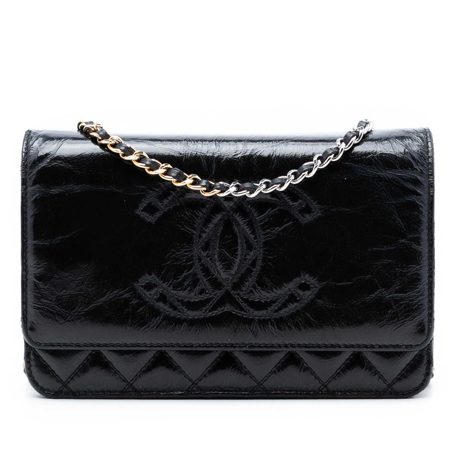 Black Chanel Wallet on Chain Quilted Aged Calfskin Leather with Chain Strap: Black Chanel Wallet on Chain Quilted Aged Calfskin Leather with Chain Strap This Chanel wallet on chain features a quilted shiny aged calfskin leather body in black, complemented by a leather-woven ch