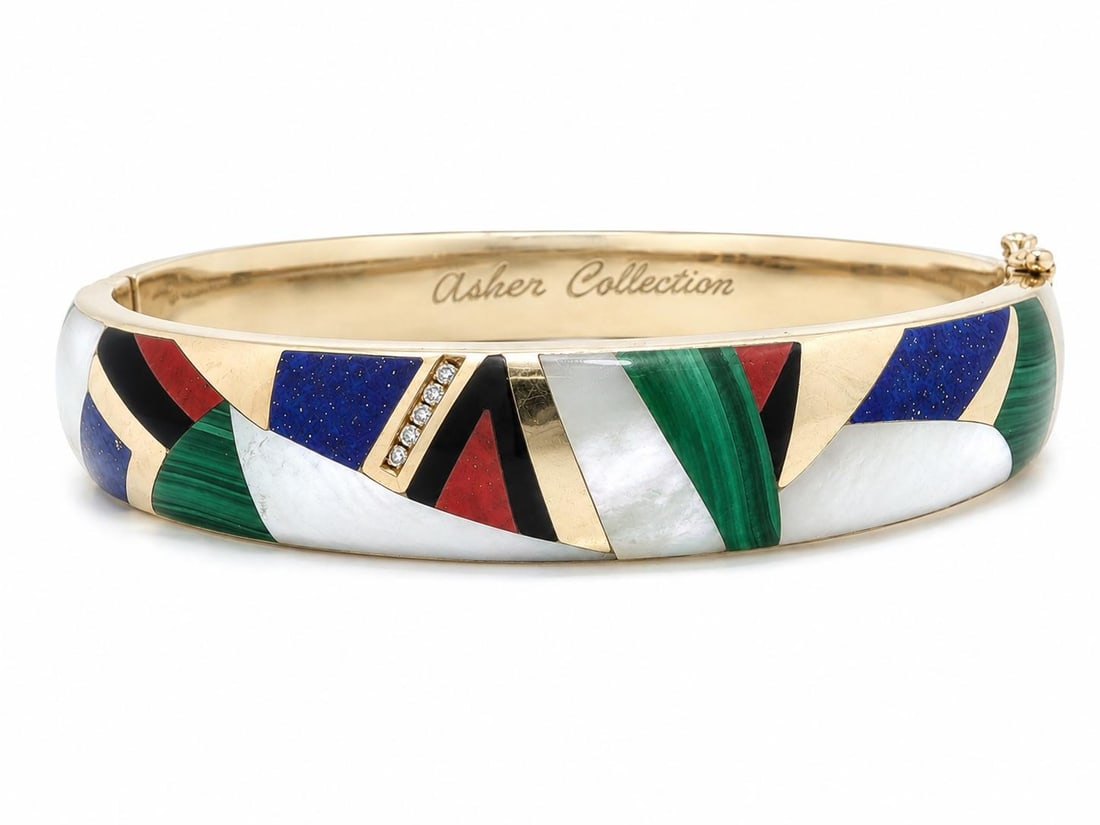 Asch Grossbardt Asher Collection 14k Yellow Gold Inlay Bangle with Diamonds: Asch Grossbardt Asher Collection 14k Yellow Gold Inlay Bangle with Diamonds Vintage Asch Grossbardt Asher Collection bangle bracelet crafted in 14k solid yellow gold with inlaid natural genuine mother