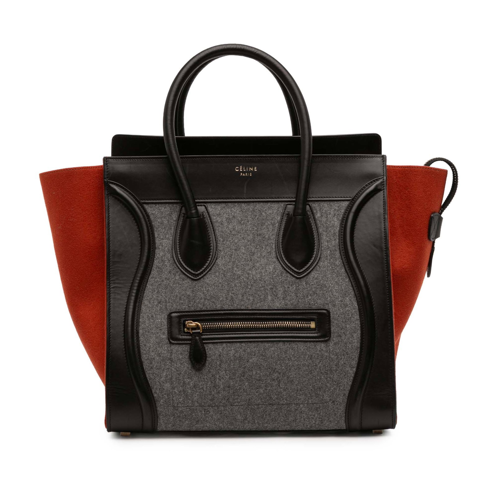 Celine Micro Luggage Tote in Tricolor Felt Wool and Calfskin Leather: Celine Micro Luggage Tote in Tricolor Felt Wool and Calfskin Leather This Celine Mini Tricolor Luggage Tote is crafted from a combination of felt wool and calfskin leather, featuring rolled leather ha
