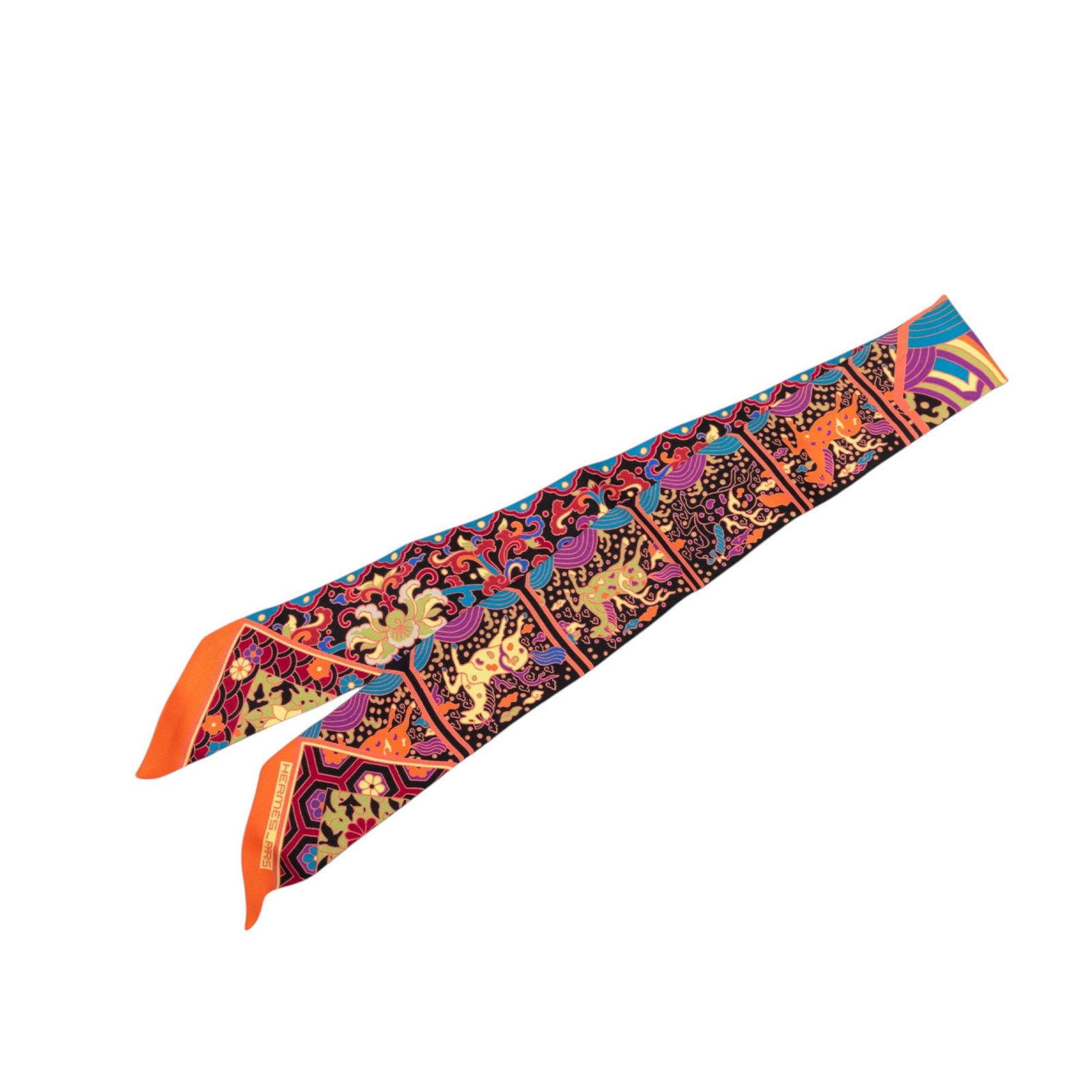 Hermes Collections Imperiales Orange Silk Twilly Scarf: Hermes Collections Imperiales Orange Silk Twilly Scarf Hermes Collections Imperiales Silk Twilly Scarf in orange, featuring a printed design on 100% silk. This accessory is made in France and is ident