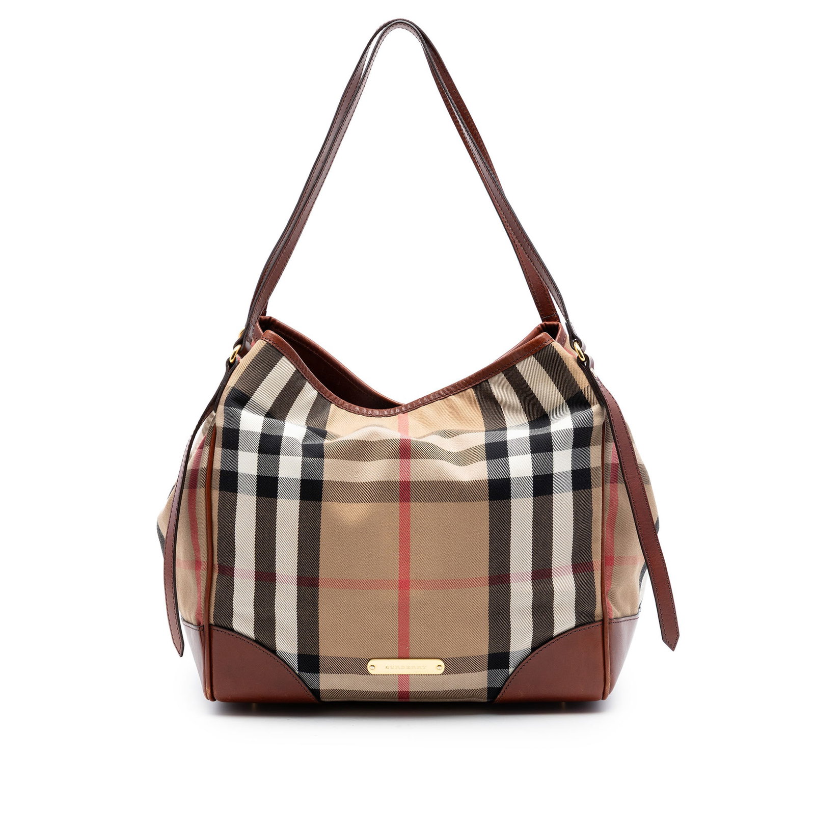 Burberry Canterbury Small Tote in House Check Canvas and Leather: Burberry Canterbury Small Tote in House Check Canvas and Leather This Burberry Canterbury tote is crafted with a house check canvas body and leather trim. It features flat leather straps, an open top 