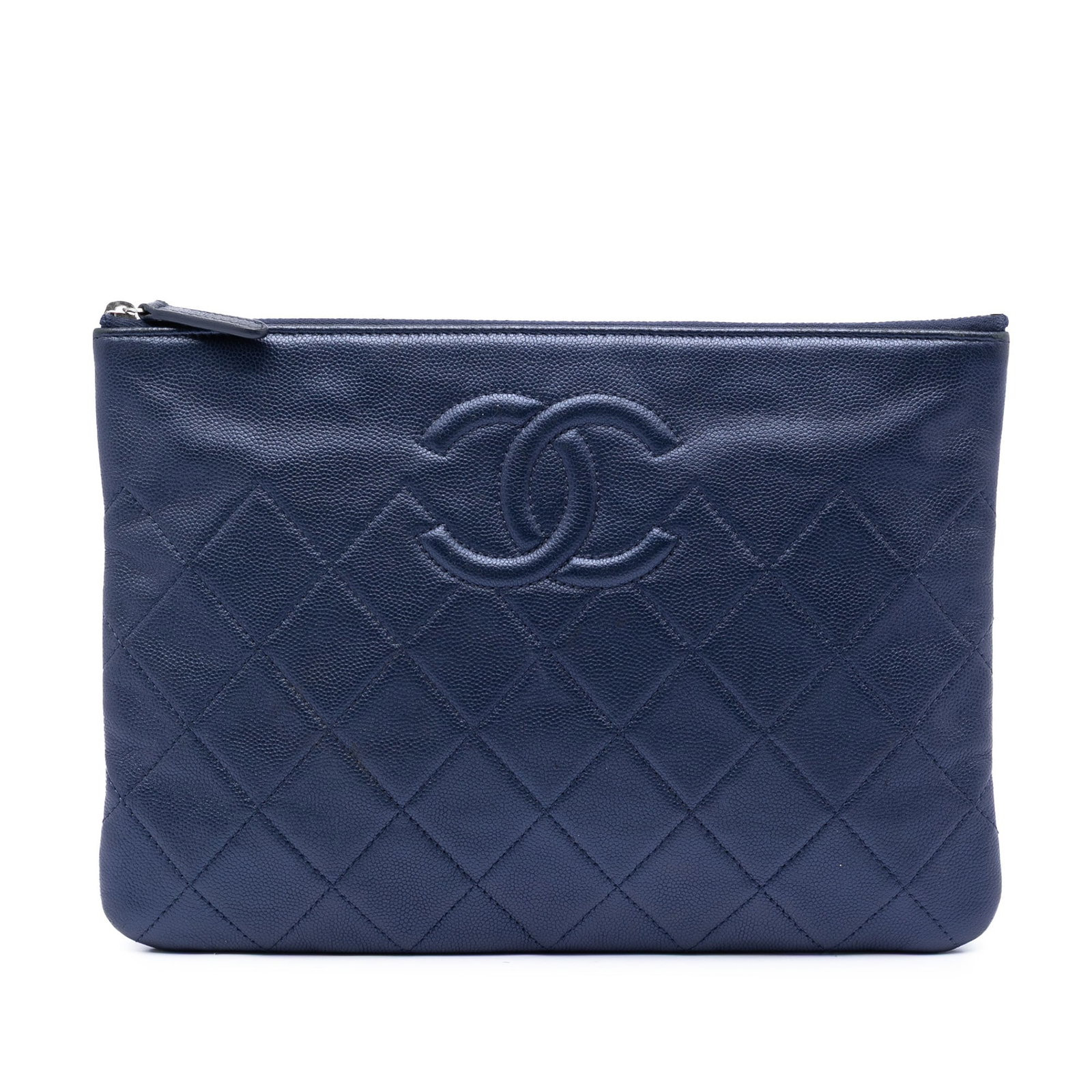 Chanel O Case Medium CC Quilted Caviar Leather Clutch Blue: Chanel O Case Medium CC Quilted Caviar Leather Clutch Blue Medium Chanel O Case clutch in blue quilted caviar leather with a top zip closure. Made in Italy, this clutch has a slim profile and shows vi