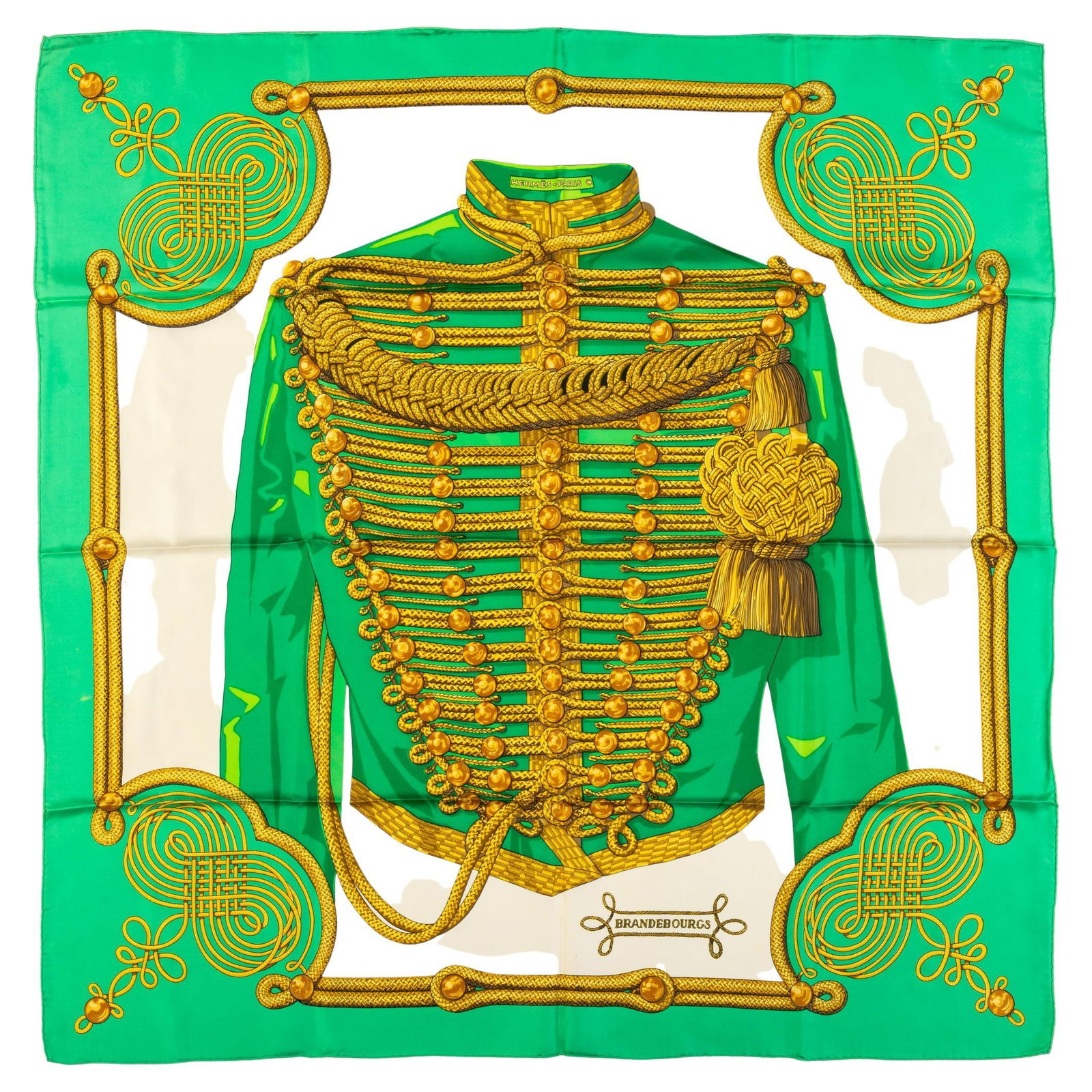 Hermes Brandebourg Green and White Silk Scarf by Cathy Latham: Hermes Brandebourg Green and White Silk Scarf by Cathy Latham Elevate your accessory collection with this exquisite Hermes Brandebourg Green Silk Scarf. Crafted from 100% silk twill, this scarf featur