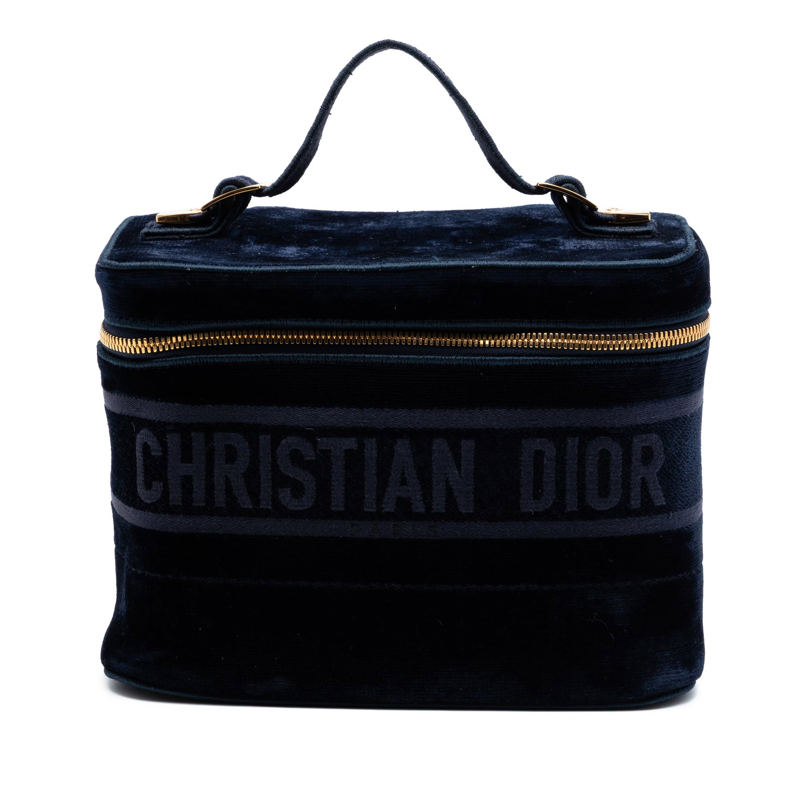 Dior Diortravel Embroidered Velvet Vanity Case Blue: Dior Diortravel Embroidered Velvet Vanity Case Blue This is a Dior travel vanity case with an embroidered velvet body in blue. It features a flat top handle, a zip-around closure, interior slip