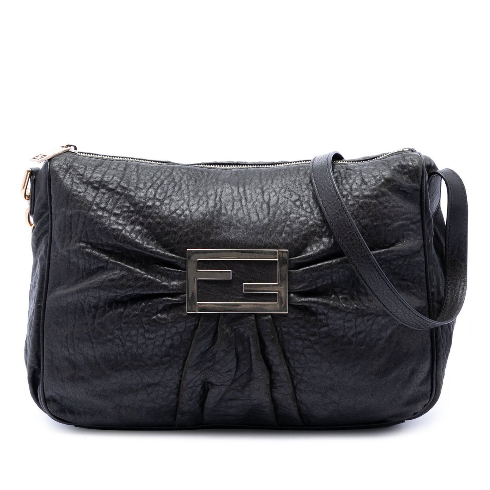 Fendi calfskin black crossbody bag Mia Large Leather: Fendi calfskin black crossbody bag Mia Large Leather This Fendi Large Leather Mia Crossbody bag is crafted from black calfskin leather and features a flat leather strap, a top zip closure, and an