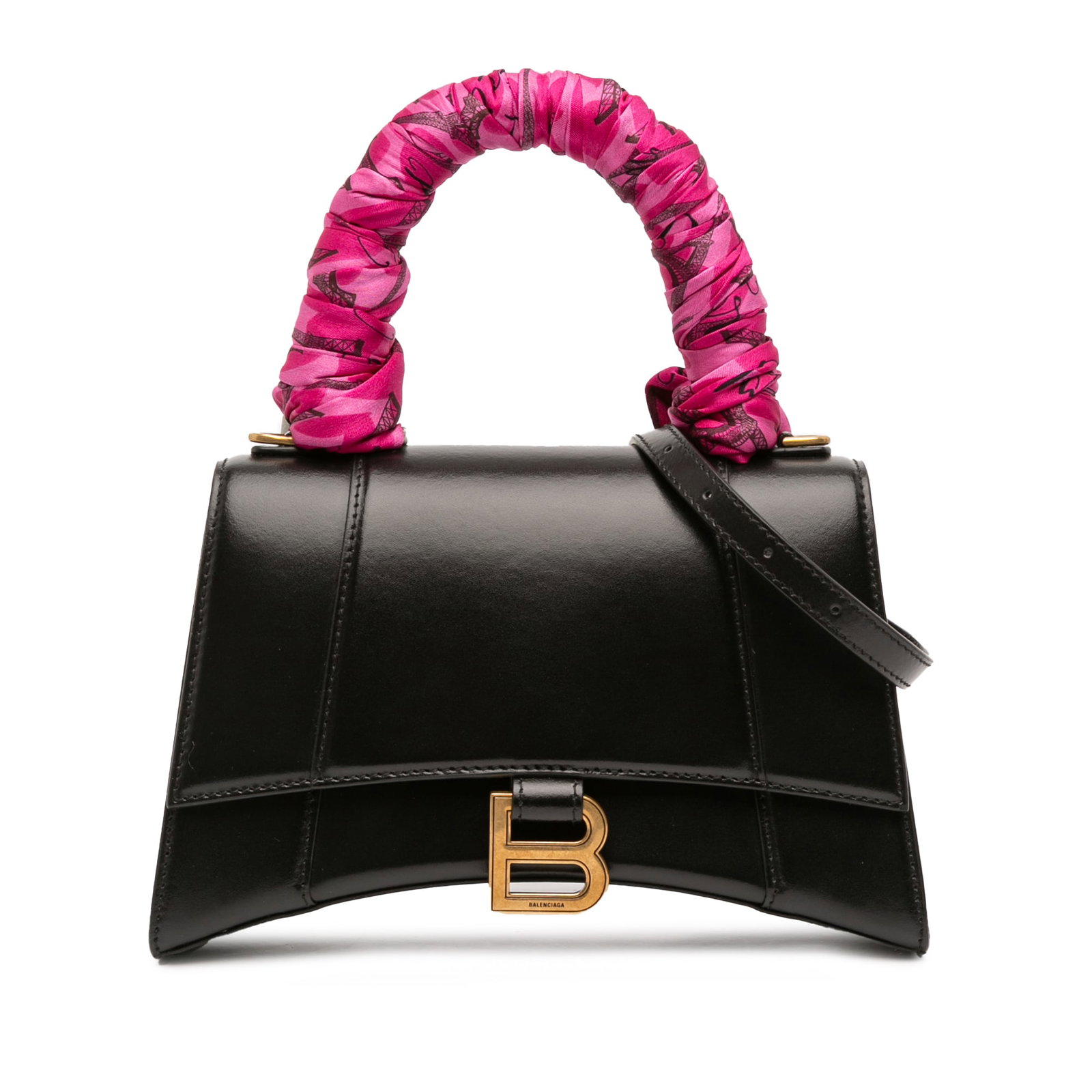 Balenciaga Hourglass Black Leather Small Top Handle Bag with Scarf Accent: Balenciaga Hourglass Black Leather Small Top Handle Bag with Scarf Accent This Balenciaga Small Shiny Box Calfskin Hourglass Top Handle Bag features a black leather body, a rolled leather handle wrapp