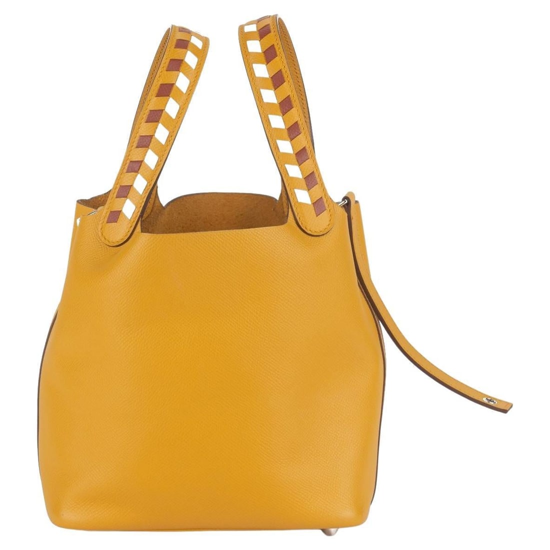 Hermes Picotin Lock Tressage De Cuir bag Jaune Ambre: Hermes Picotin Lock Tressage De Cuir bag Jaune Ambre Hermes Tressage De Cuir Picotin Lock bag in Jaune Ambre Brique Blanc featuring palladium hardware, a woven red and white Epsom leather detail handl