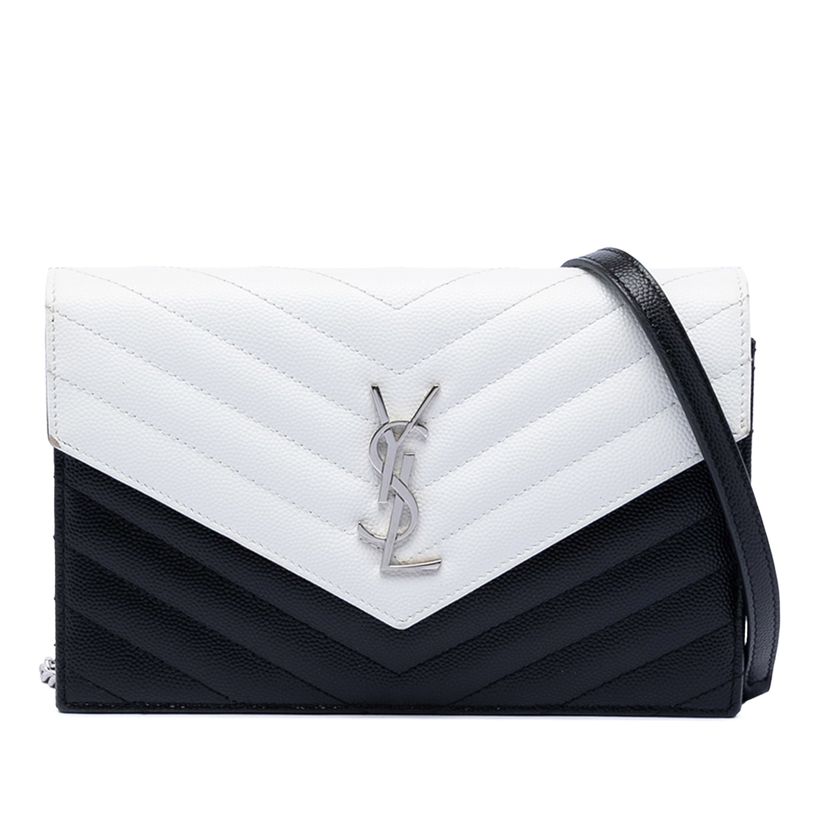Saint Laurent envelope chain wallet black leather bicolor chevron: Saint Laurent envelope chain wallet black leather bicolor chevron This Saint Laurent Bicolor Grain De Poudre Chevron Monogram Envelope Chain Wallet showcases a sophisticated design crafted from leathe