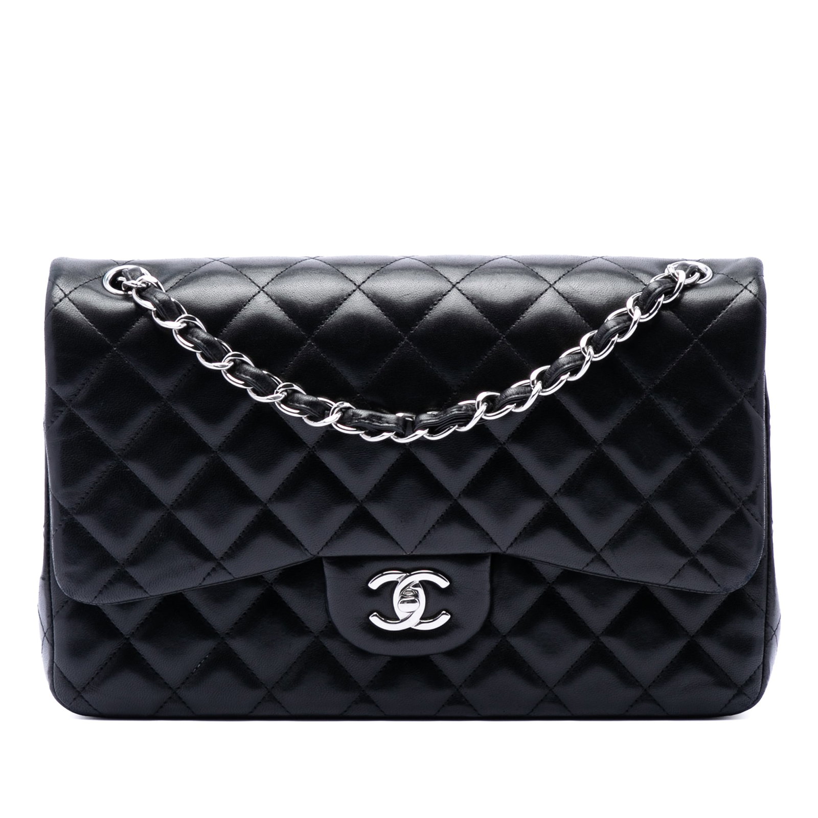 Chanel black lambskin quilted flap shoulder bag Jumbo Classic: Chanel black lambskin quilted flap shoulder bag Jumbo Classic This Chanel Jumbo Classic Double Flap shoulder bag is crafted from quilted black lambskin leather and features leather-woven chain straps.