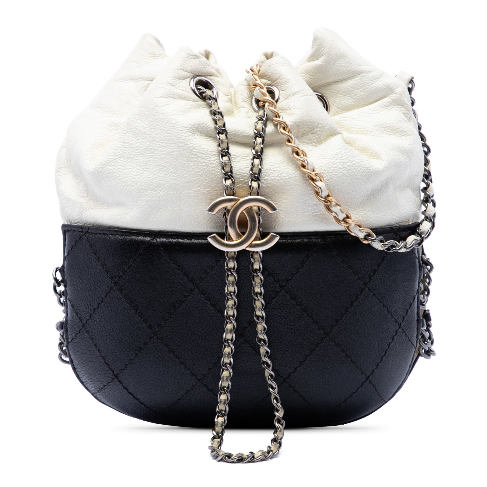 Chanel Gabrielle Small Bucket Bag in Bicolor Quilted Calfskin: Chanel Gabrielle Small Bucket Bag in Bicolor Quilted Calfskin This Chanel Gabrielle bucket bag is crafted in bicolor quilted calfskin with a leather-woven chain link strap and leather guard. The open-