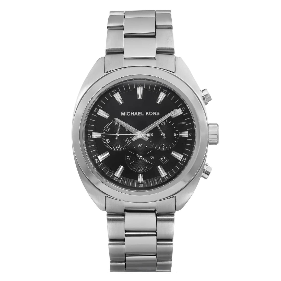Michael Kors Dean mens chronograph watch black dial stainless steel MK8270: Michael Kors Dean mens chronograph watch black dial stainless steel MK8270 Pre-owned Michael Kors Dean men's wristwatch with a black analog dial and chronograph display. This watch features a stainles