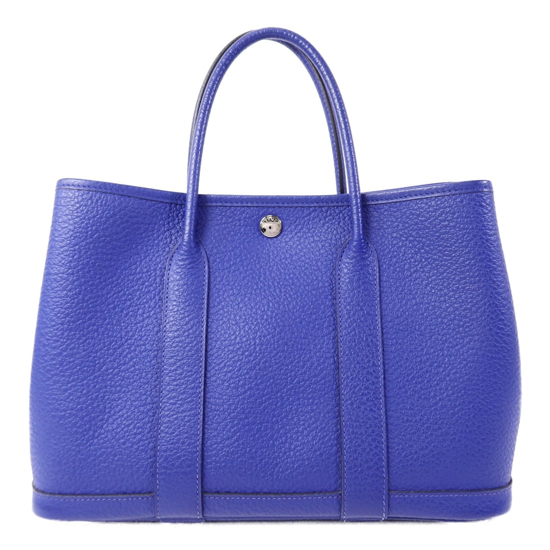 Hermes Garden Party TPM Clemence Leather Tote Bleu Electrique PHW: Hermes Garden Party TPM Clemence Leather Tote Bleu Electrique PHW A Hermes Garden Party TPM tote bag in Bleu Electrique, crafted from Taurillon Clemence and calfskin. It features a hook button closure