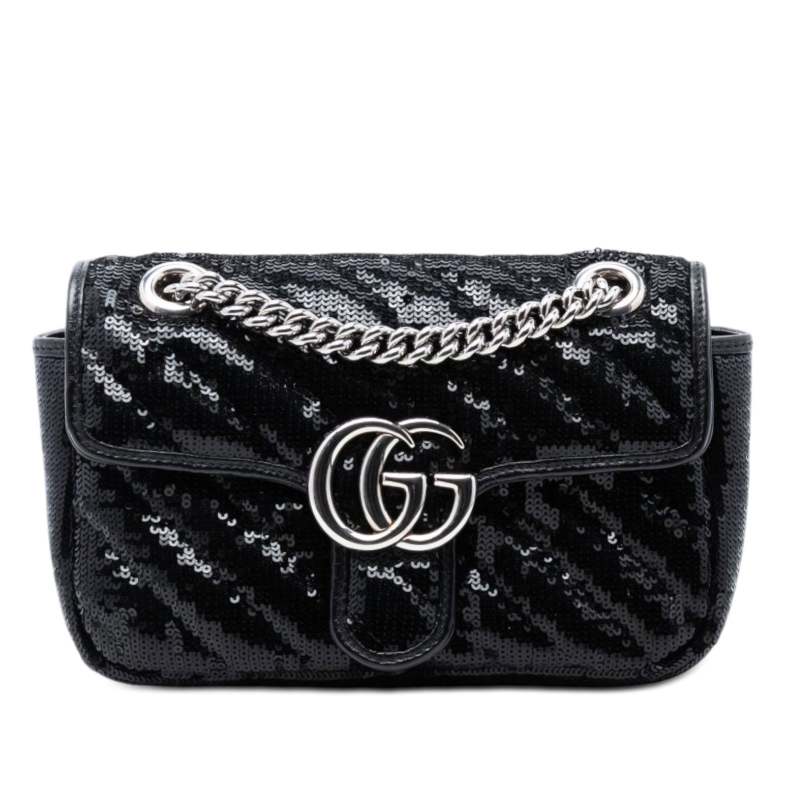 Gucci GG Marmont sequin leather shoulder bag: Gucci GG Marmont sequin leather shoulder bag This Gucci Small GG Marmont Matelasse Diagonal Sequin and Leather Torchon Shoulder Bag features a sequined body accented with leather trim, a chain link sh