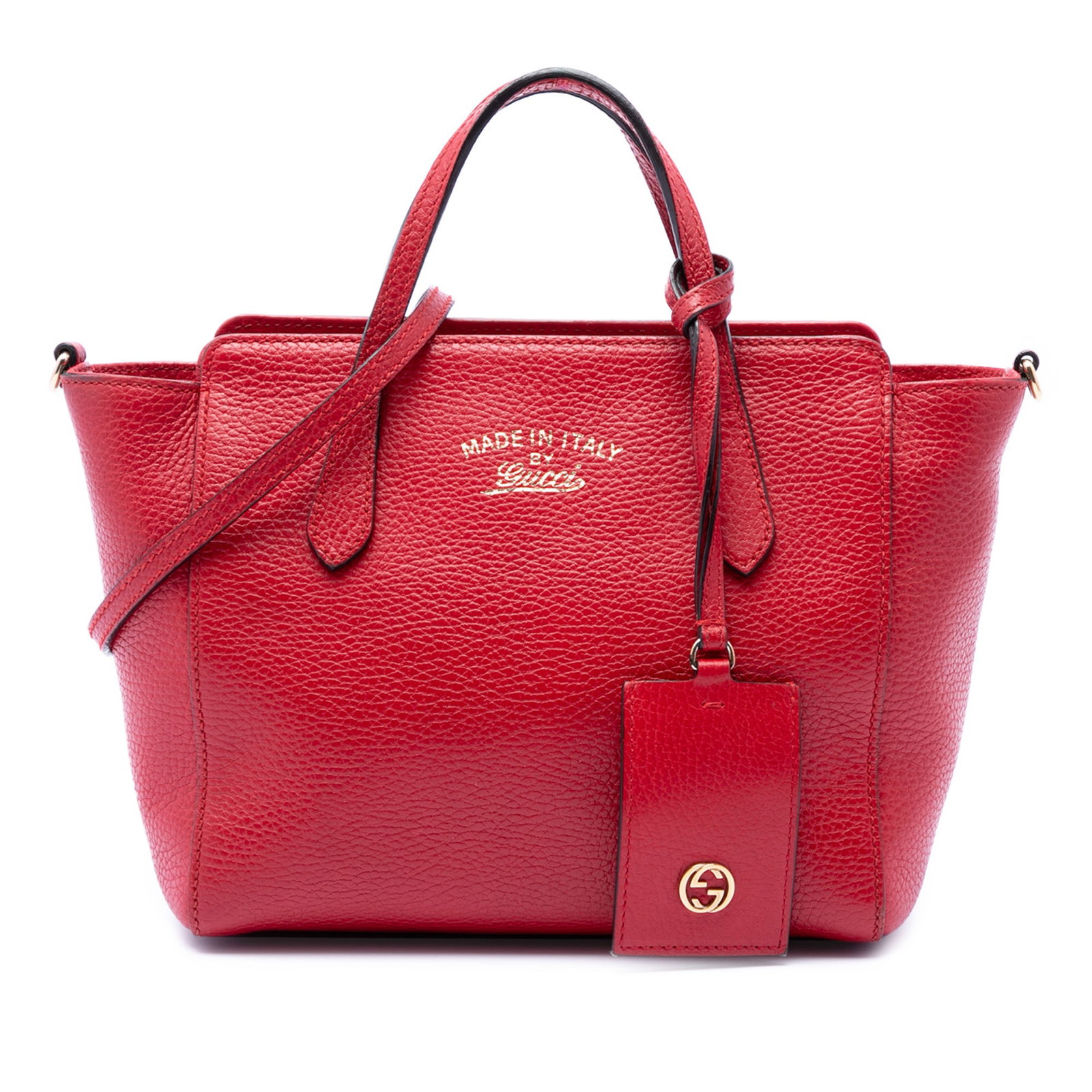 Gucci Mini Swing Red Calfskin Satchel: Gucci Mini Swing Red Calfskin Satchel This Gucci Mini Calfskin Swing Satchel features a red leather body with flat leather handles and a detachable flat leather strap. It is designed with a top zip cl