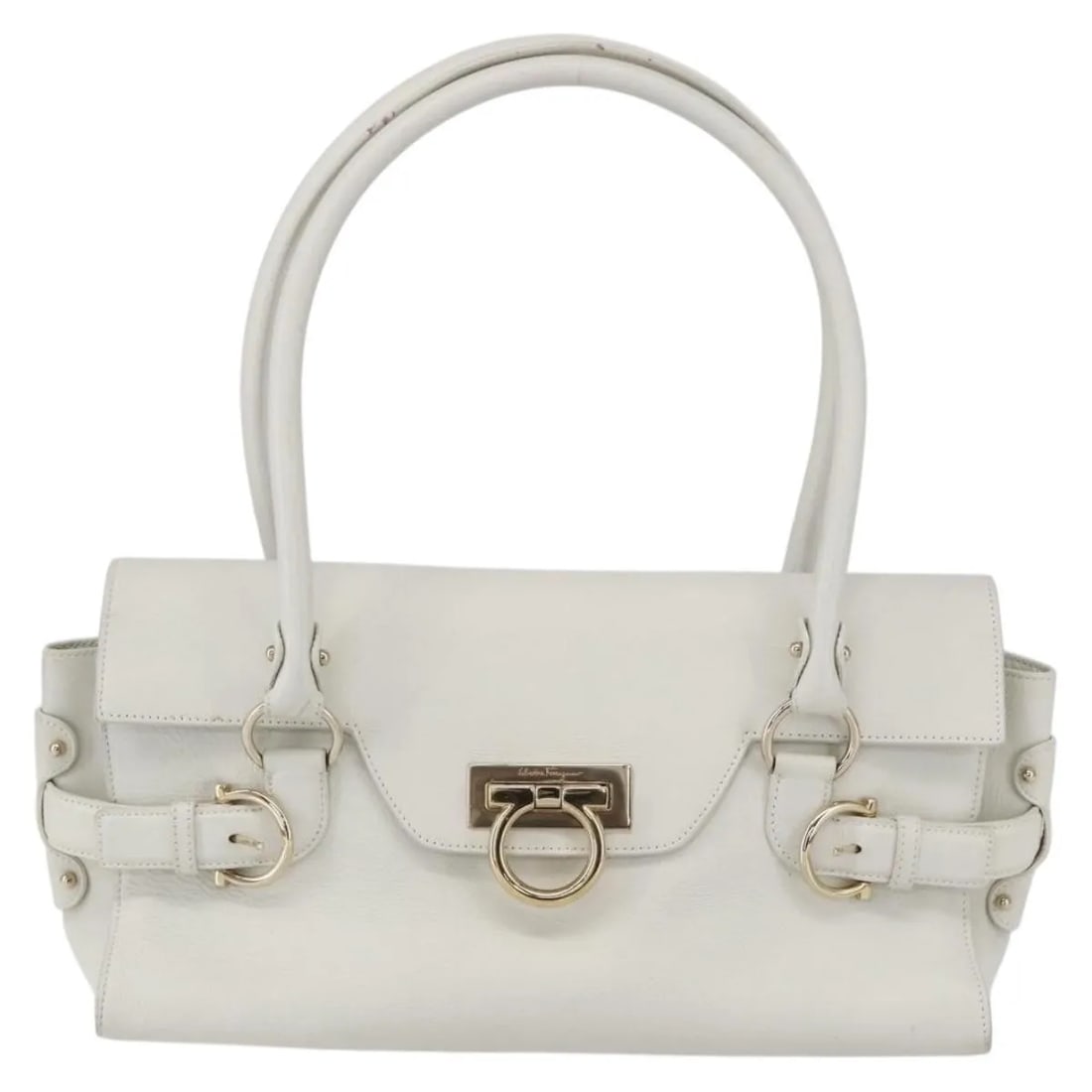 White Leather Salvatore Ferragamo Gina Satchel Shoulder Bag 32cm: White Leather Salvatore Ferragamo Gina Satchel Shoulder Bag 32cm This Salvatore Ferragamo Gina Satchel is crafted from white leather and designed for women. It features a clean pre-owned condition wit