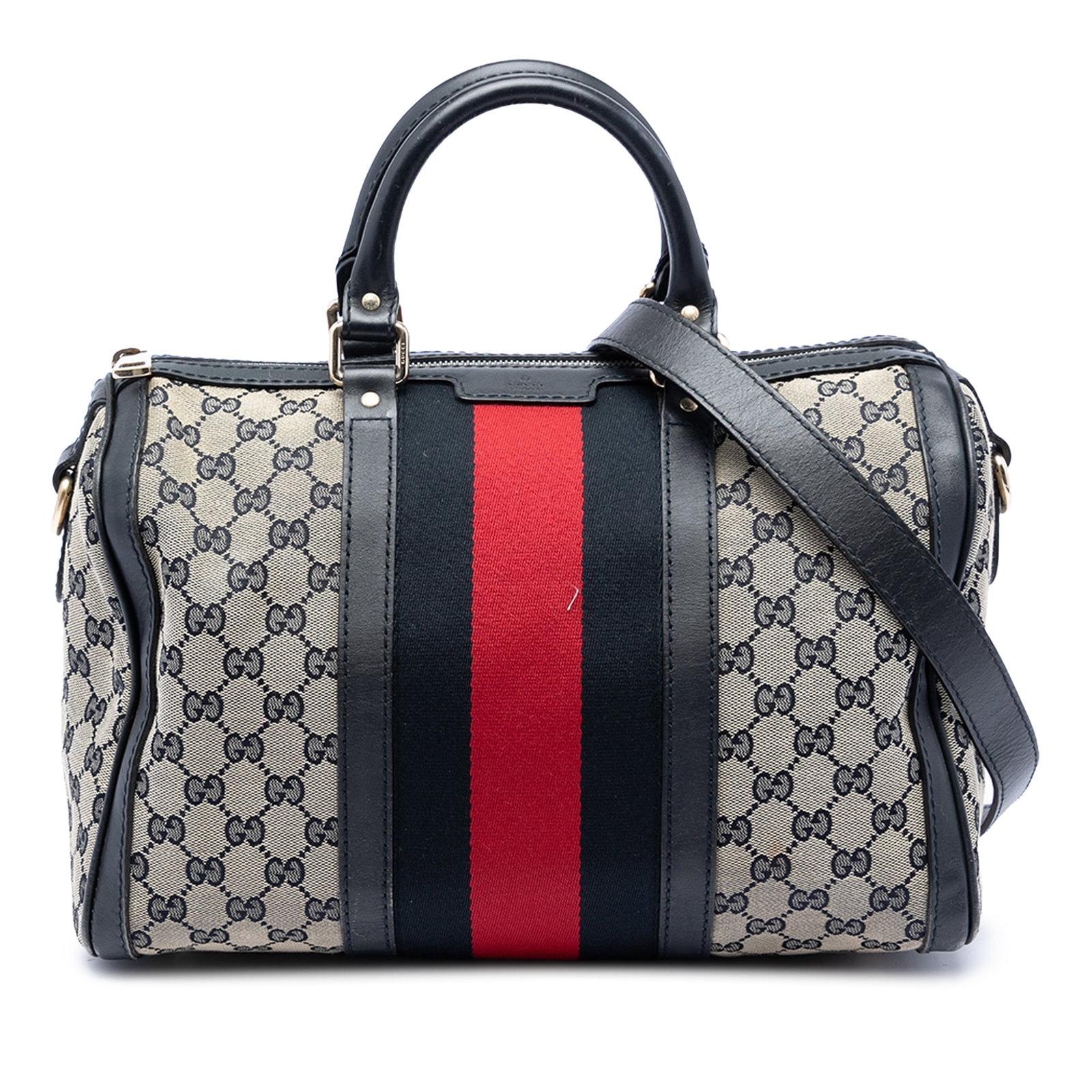 Gucci Joy Boston Satchel Medium GG Canvas Web Stripe: Gucci Joy Boston Satchel Medium GG Canvas Web Stripe A Gucci Medium GG Canvas Web Joy Boston Bag in beige, made in Italy. This satchel features a canvas body with leather trim, rolled leather handles,