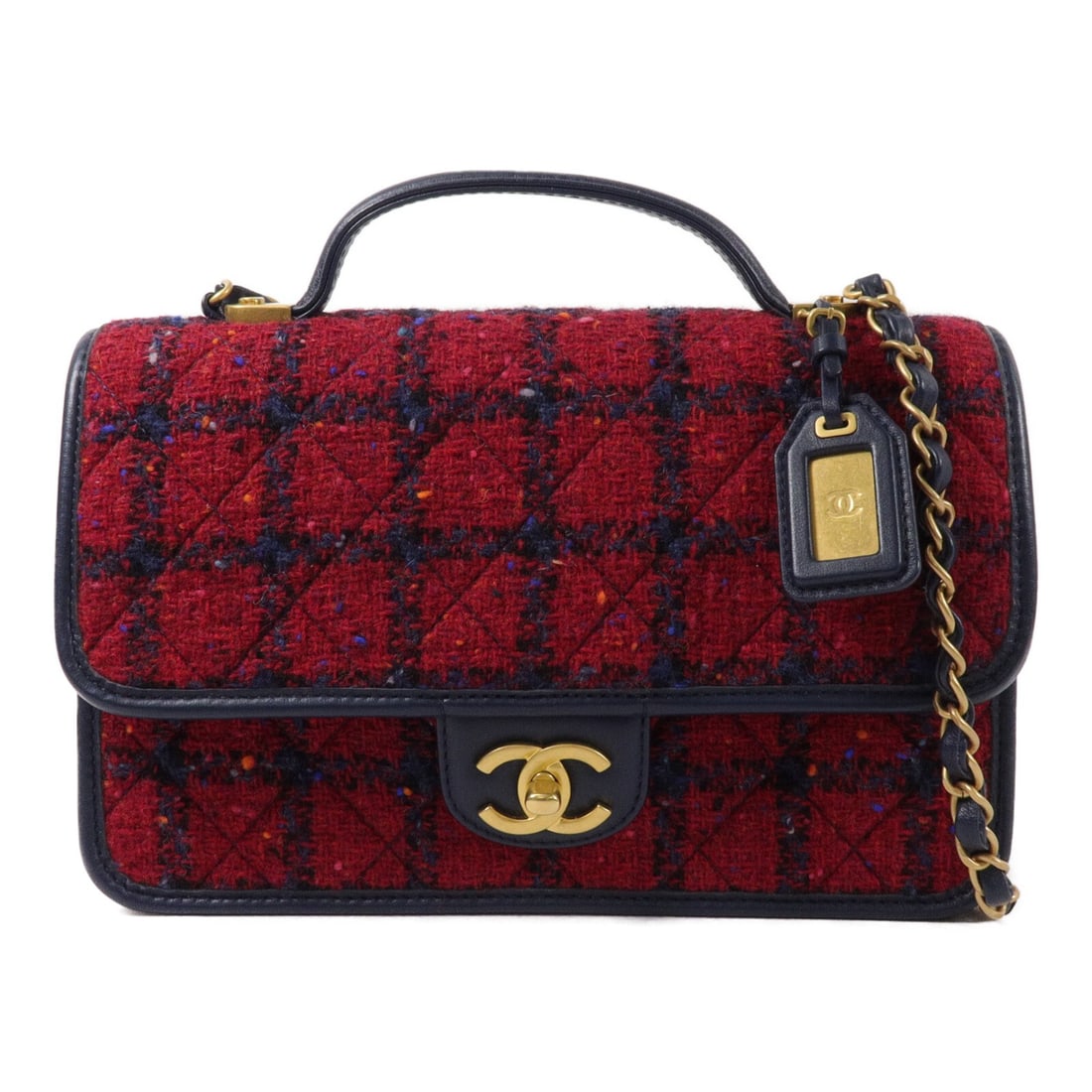 CHANEL AS3653 Tweed Top Handle Flap Bag Blue Red CC GHW: CHANEL AS3653 Tweed Top Handle Flap Bag Blue Red CC GHW A CHANEL CC GHW top handle chain flap bag, model AS3653, crafted in tweed with a blue and red color combination. It features a turn lock closure