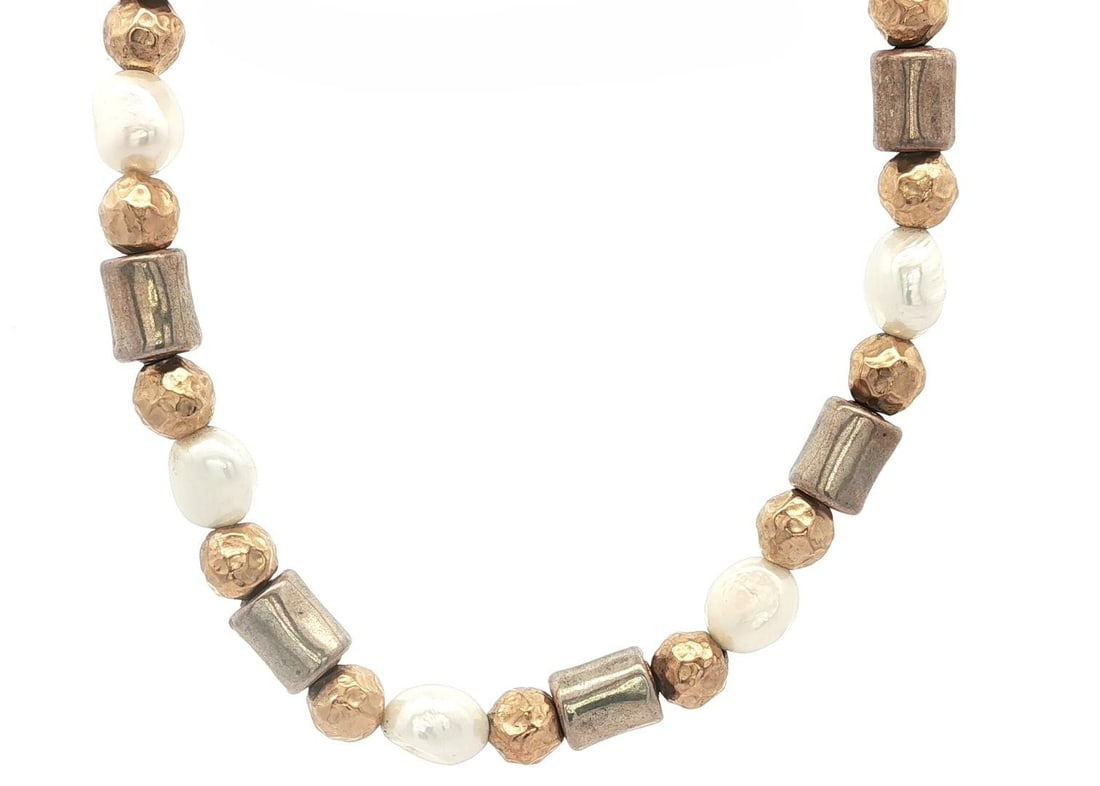 Sterling Silver Gold Filled Freshwater Pearl Charm Necklace 16.5 Inch: Sterling Silver Gold Filled Freshwater Pearl Charm Necklace 16.5 Inch This exquisite necklace features a charming design with genuine freshwater pearls and yellow gold-filled accents. The necklace is 