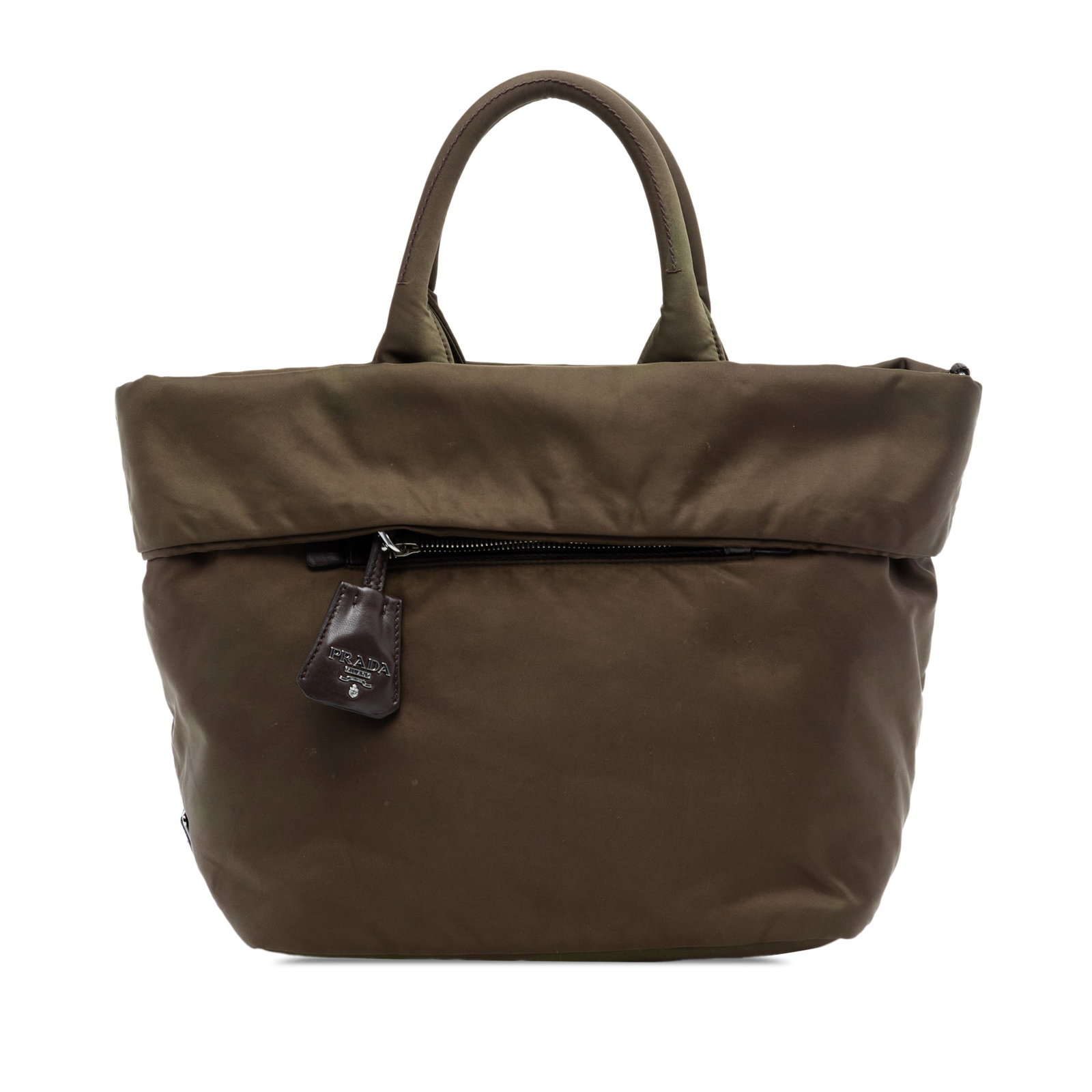 Prada Tessuto Brown Reversible Nylon Satchel Bag from Italy: Prada Tessuto Brown Reversible Nylon Satchel Bag from Italy The Prada Tessuto Reversible Satchel features a brown nylon body with rolled nylon top handles, an open top design, an exterior zip pocket, 