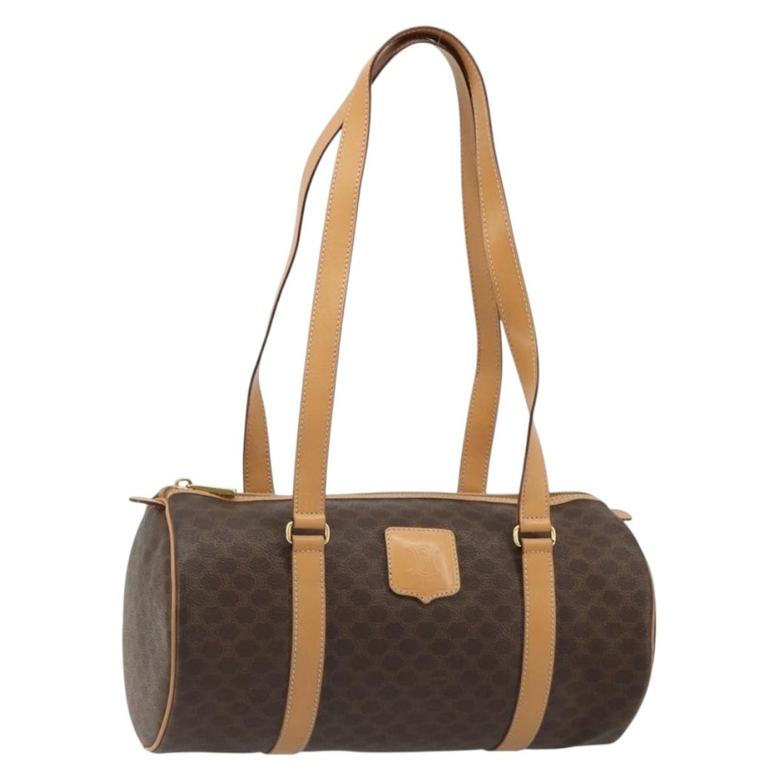 CELINE Macadam Canvas Hand Bag Brown PVC Leather Gold Tone: CELINE Macadam Canvas Hand Bag Brown PVC Leather Gold Tone CELINE Macadam Canvas hand bag in brown and gold, made in Italy from PVC leather and Macadam canvas. This women's bag features a handle drop 