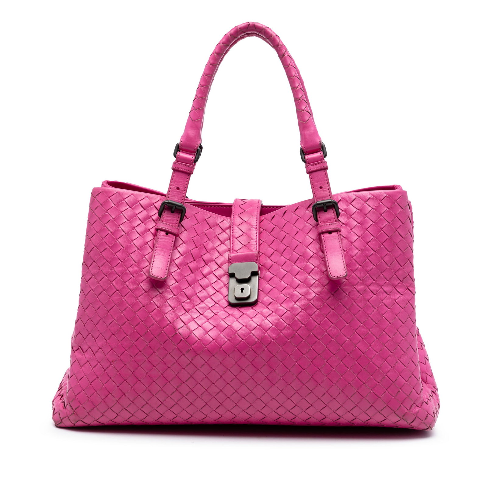 Bottega Veneta Roma Medium Tote in Pink Intrecciato Nappa Leather: Bottega Veneta Roma Medium Tote in Pink Intrecciato Nappa Leather A Bottega Veneta Medium Nappa Intrecciato Roma Tote in pink, crafted in woven nappa leather with rolled leather handles and an open to