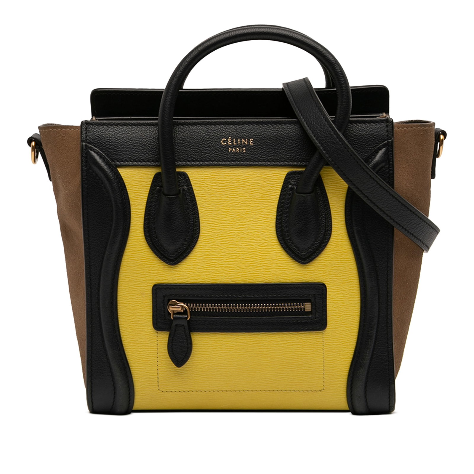 Celine Nano Luggage Tote in Yellow Tricolor Leather: Celine Nano Luggage Tote in Yellow Tricolor Leather This Celine Nano Luggage Tote showcases a tricolor design crafted from calfskin leather with suede leather side panels. It features rolled leather h